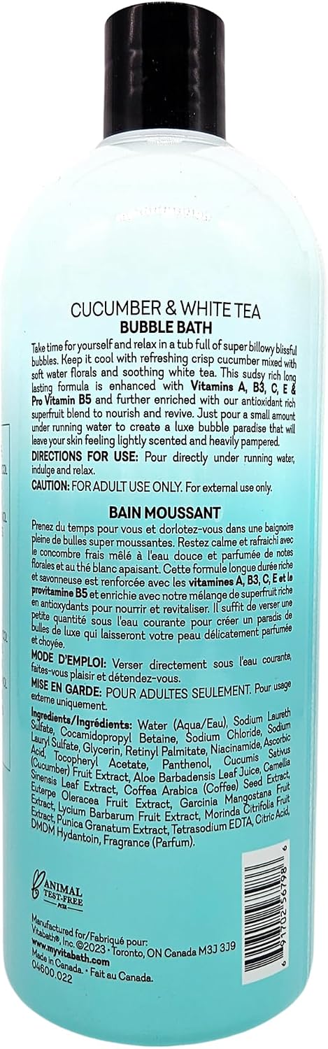Vitabath Cucumber & White Tea Bubble Bath Rich Foaming Bubbly Soak & Relaxing Aromatherapy Moisturizing & Nourishing Indulgent Suds for Women & Men All Skin Types - 33.8 fl oz