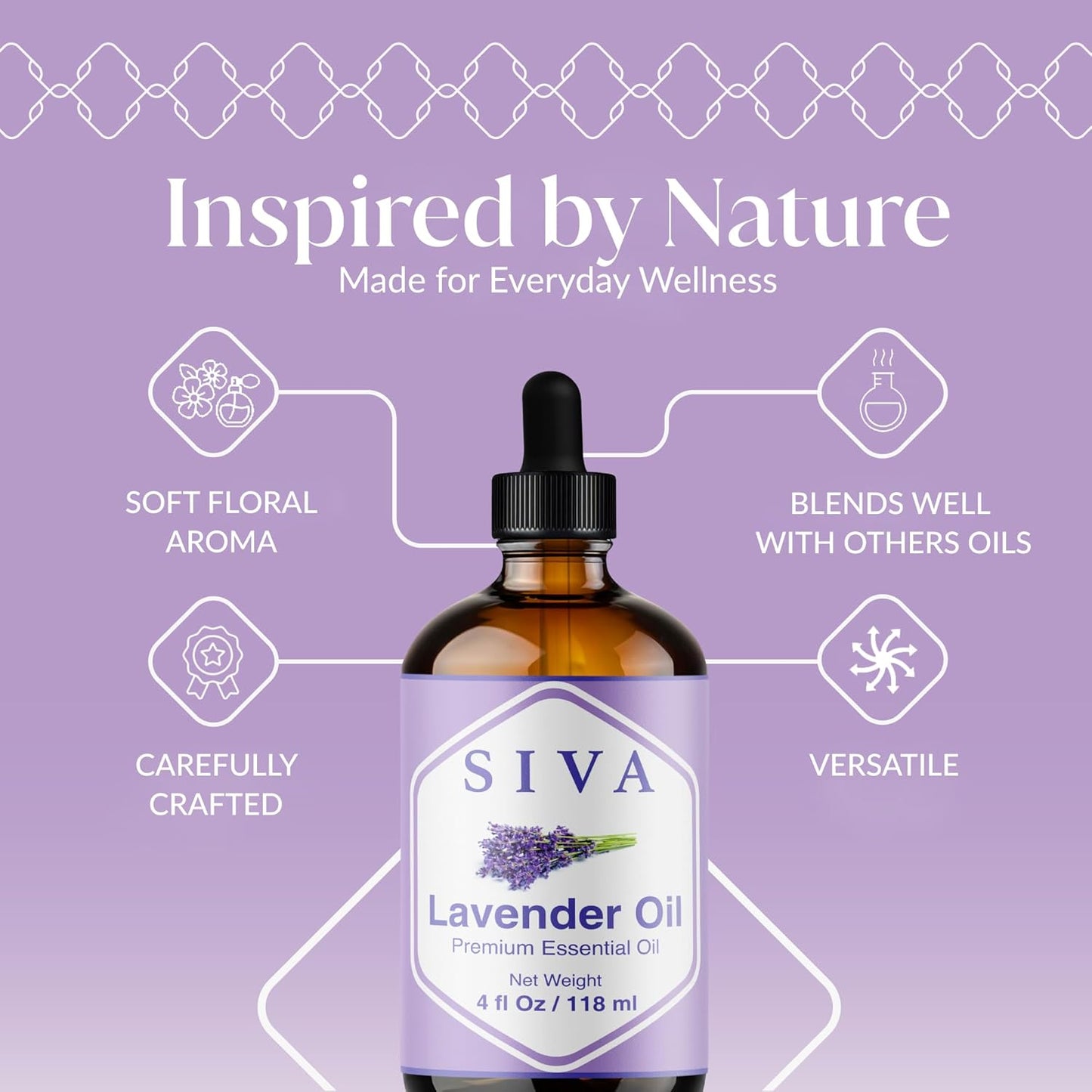 Siva Lavender Essential Oil 4 Fl Oz – for Diffuser, Skin & Hair Care – Ideal for Aromatherapy, Massage & DIY Blends – with Dropper