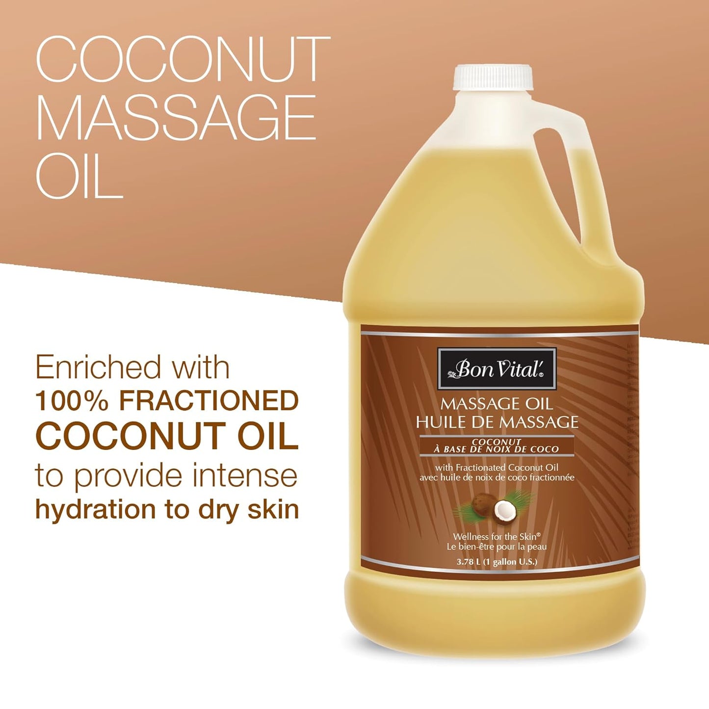 Bon Vital' Coconut Massage Oil, 1-Gallon Container, 100% Pure Fractionated Coconut Oil for Dry Skin, Lightweight Non-Greasy, Neutral Scent, Non-Staining, for Massage Therapy & At-Home Use