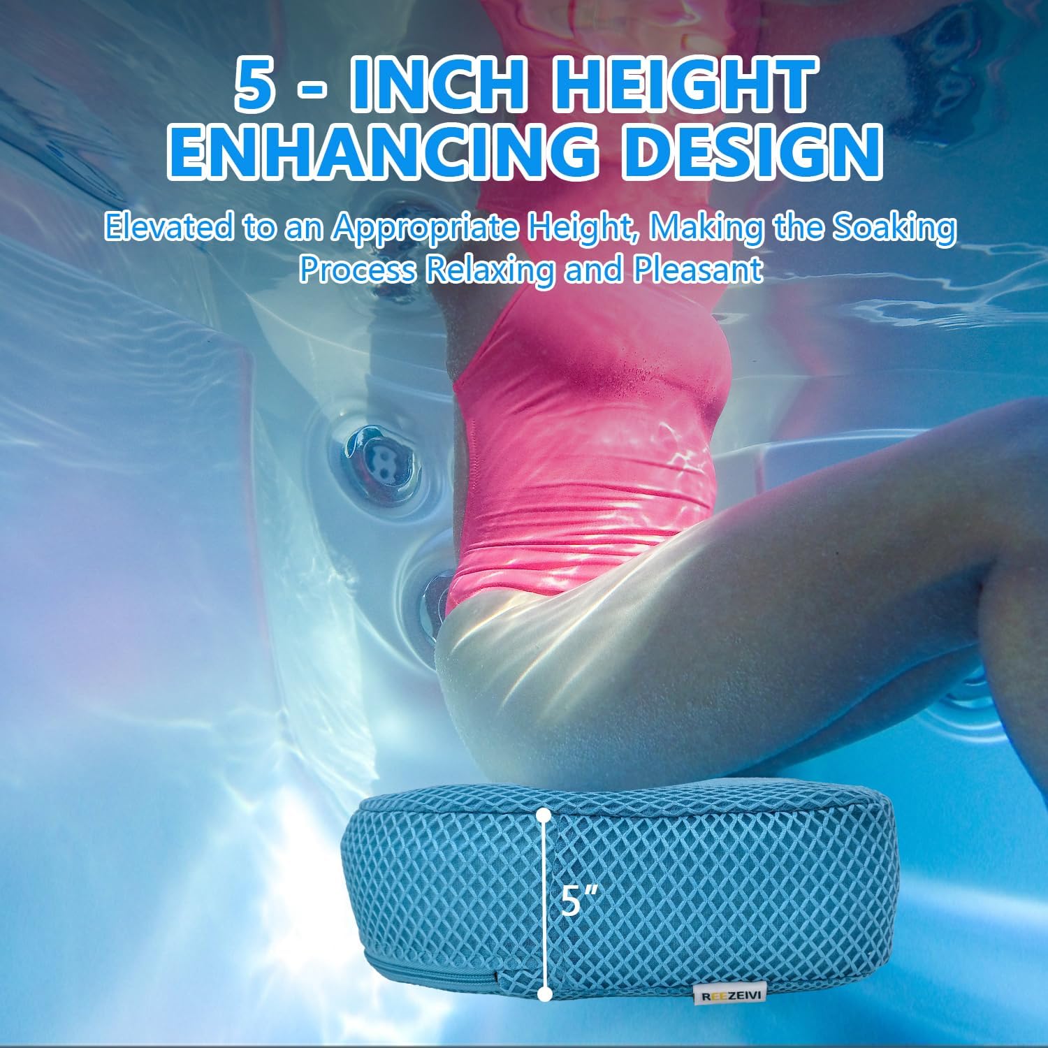 REEZEIVI Hot Tub Booster Seat for Adults,5 Inch Thick SPA Cushion,Weighted Hot Tub Cushion with Non-Slip Bottom,Quick Dry Spa seat,Washable 3D Mesh,Inflatable Hot Tub,Pool, Bathtub (Bue)