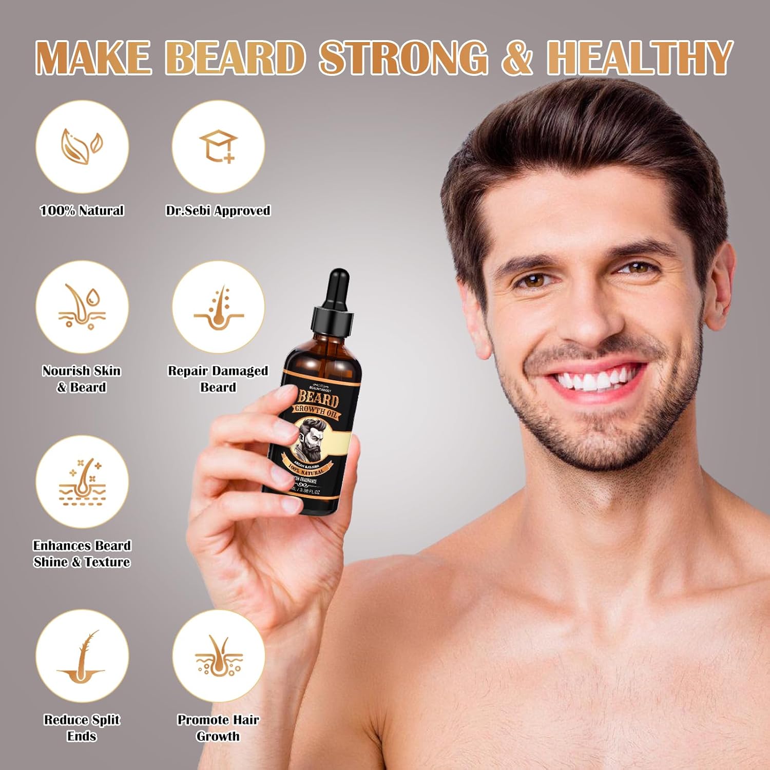 Beard Growth Oil for Men, 100% Natural Beard Oil with Argan Oil, Jojoba Oil, Castor Oil - 3.38 FL/100ML Fresh Fragrance Beard Conditioner Softens, Nourishes,Strengthens, Promotes Beard Growth