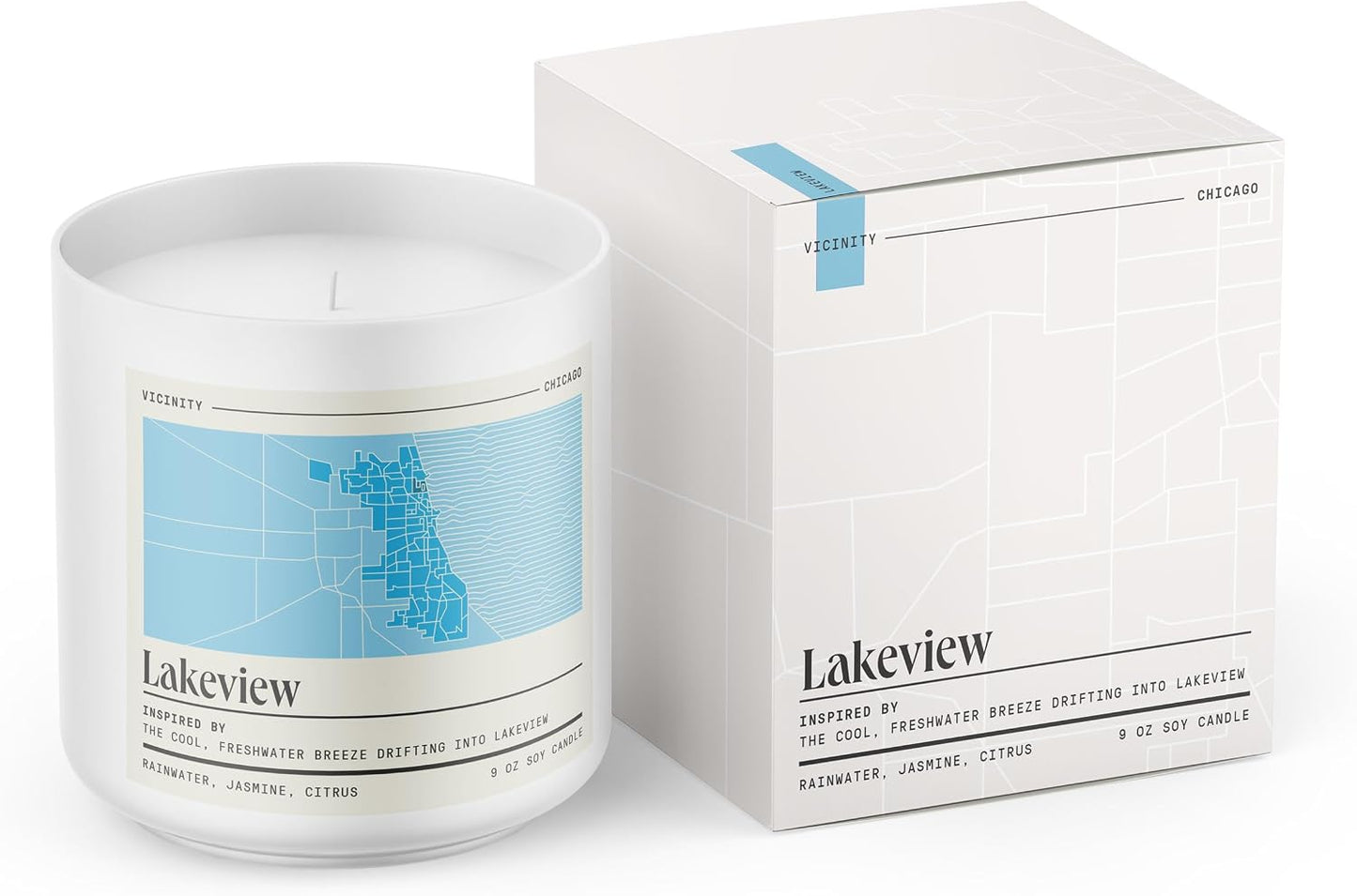 Vicinity Lakeview, Hand-Poured Soy Candle | Rainwater, Jasmine & Citrus | 9 oz, 45-50 Hour Burn | Gift Ready | Woman-Owned