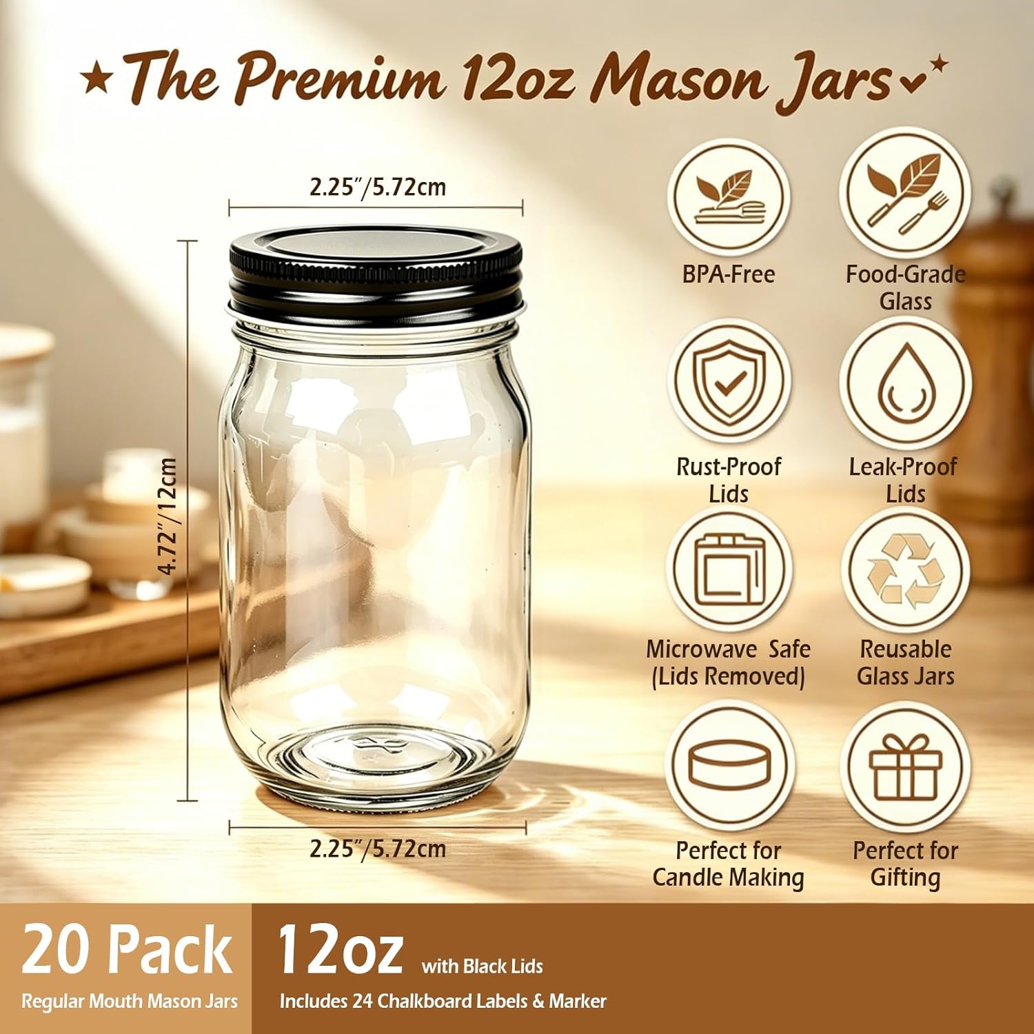 QAPPDA Mason Jars,Glass Jars With Lids 12 oz,Canning Jars For Pickles And Kitchen Storage,Wide Mouth Spice Jars With Black Lids For Honey,Caviar,Herb,Jelly,Jams,Set of 20
