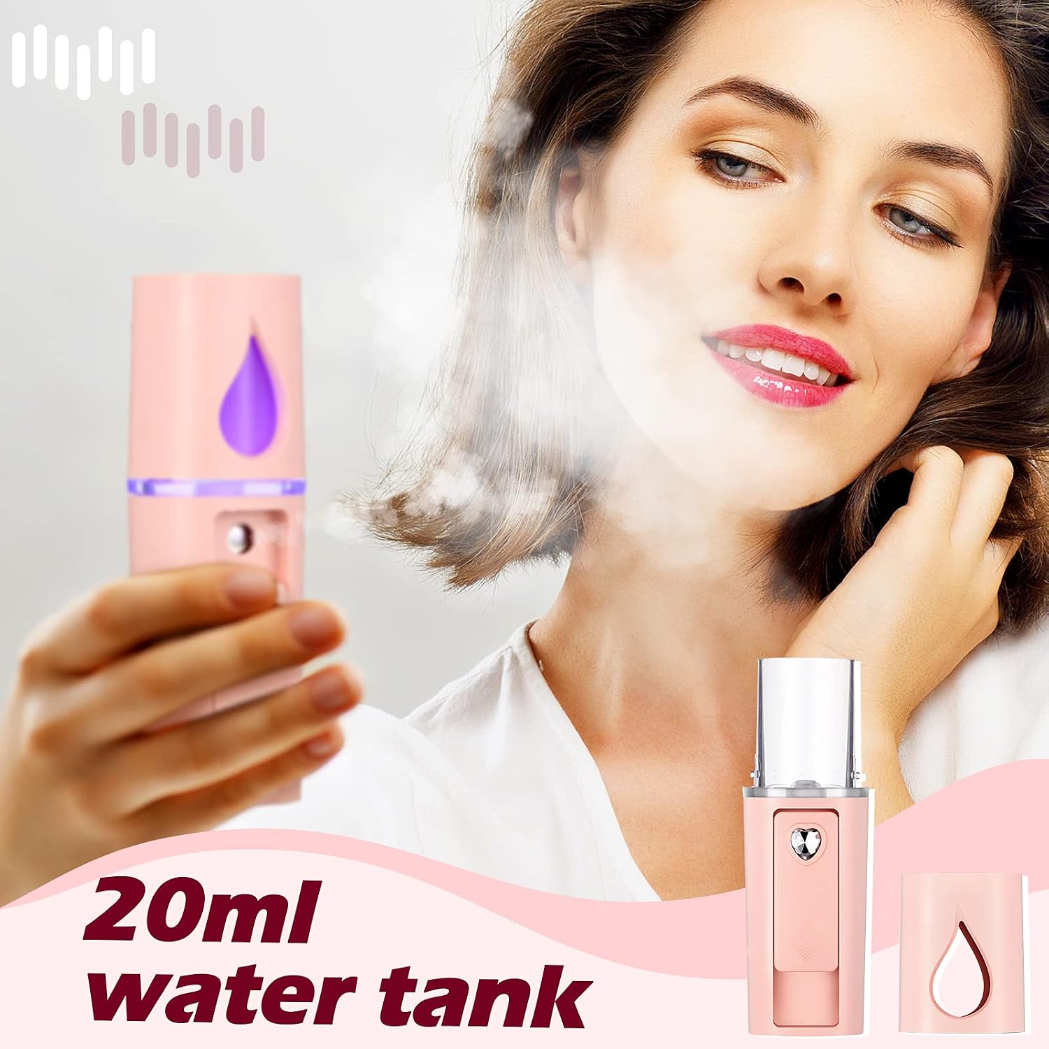 Honoson 3 Pcs Nano Mister for Lash Extensions Mini USB Lash Fan Dryer for Eyelash Extensions Handheld Eyelash Mirror Portable Facial Steamer 20 ml Water Tank(Heart Style,Pink)