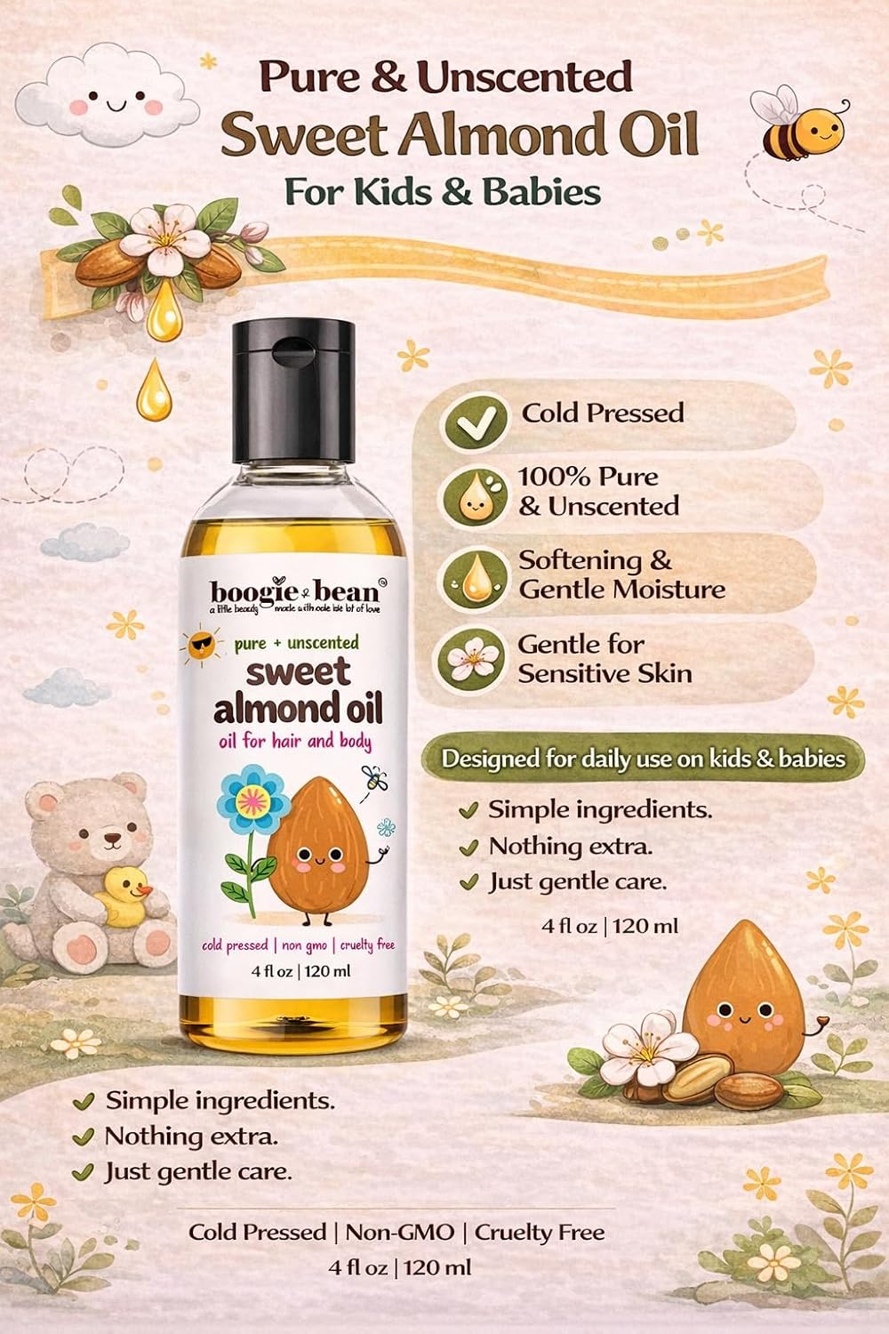 Kids Sweet Almond Oil for Hair and Skin, 100% Pure Prunus Amygdalus Dulcis Oil, NON GMO Moisturizing Oil for Dry Hair, Scalp, Face and Body, Fragrance Free