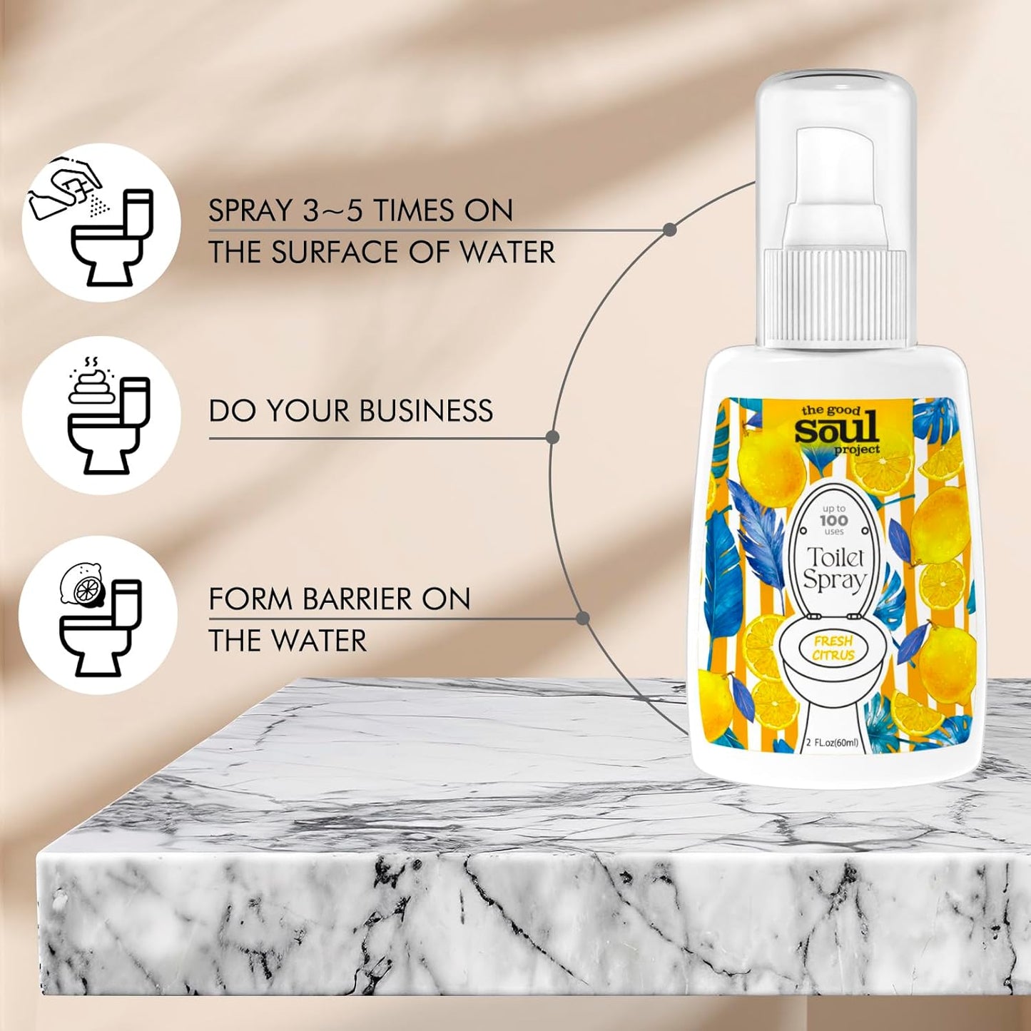 THE GOOD SOUL PROJECT Toilet Spray for Poop, Fresh Citrus, Bathroom Spray Odor Eliminator, 2Fl Oz 2 Pack