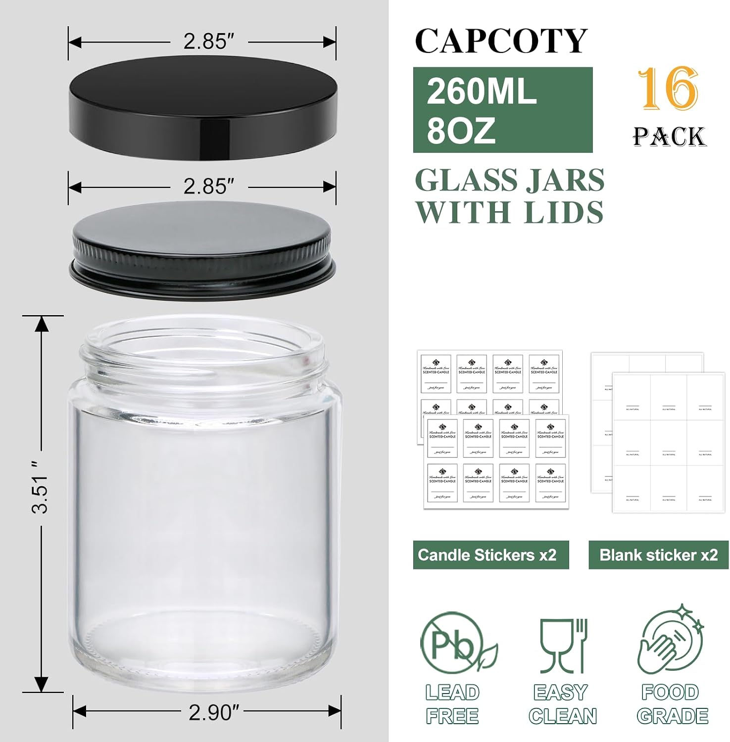 Maredash 16 Pack 8 OZ Glass Jars with Lids gift for women,Candle Jars,Glass Jar for Candles, Samples, Spices, Powders