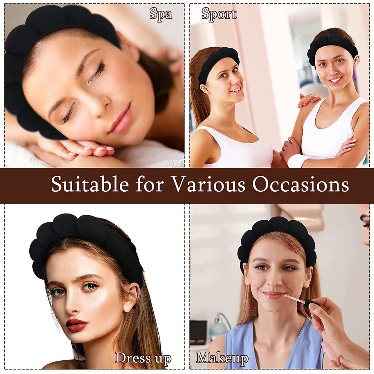 Women's Spa Headband, Headband for Washing Face, Makeup Removal, Shower, Skincare (Black, 1 Count) | Sponge Makeup Skincare Headband For Makeup Removal, Shower, Skincare, Soft Non Slip