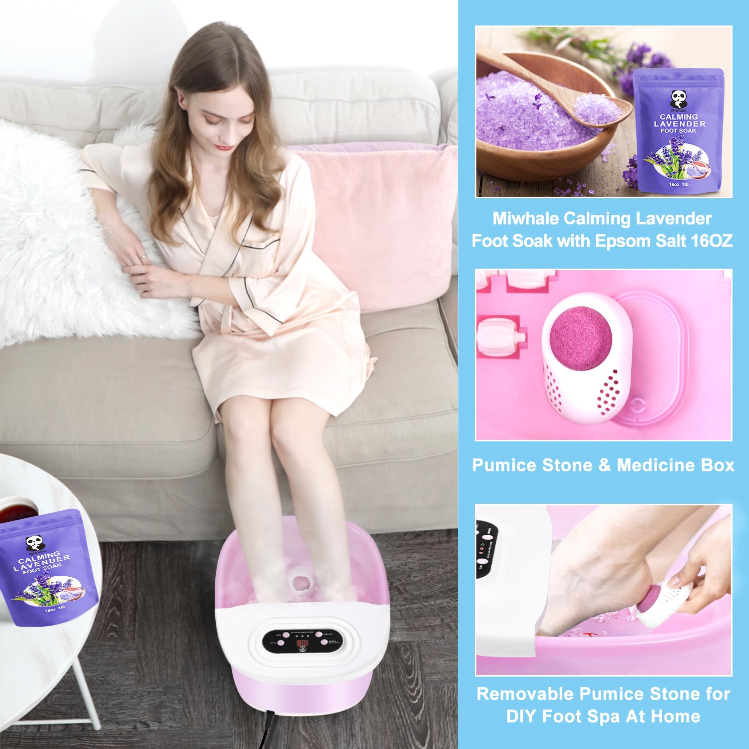 Foot Spa Bath Massager with Heat Bubbles and Vibration Massage and Jets, 16 OZ Calming Lavender Foot Soak Epsom Salt, Foot Soaker with Red Light, 22 Massage Rollers, Adjustable Temp - Pink