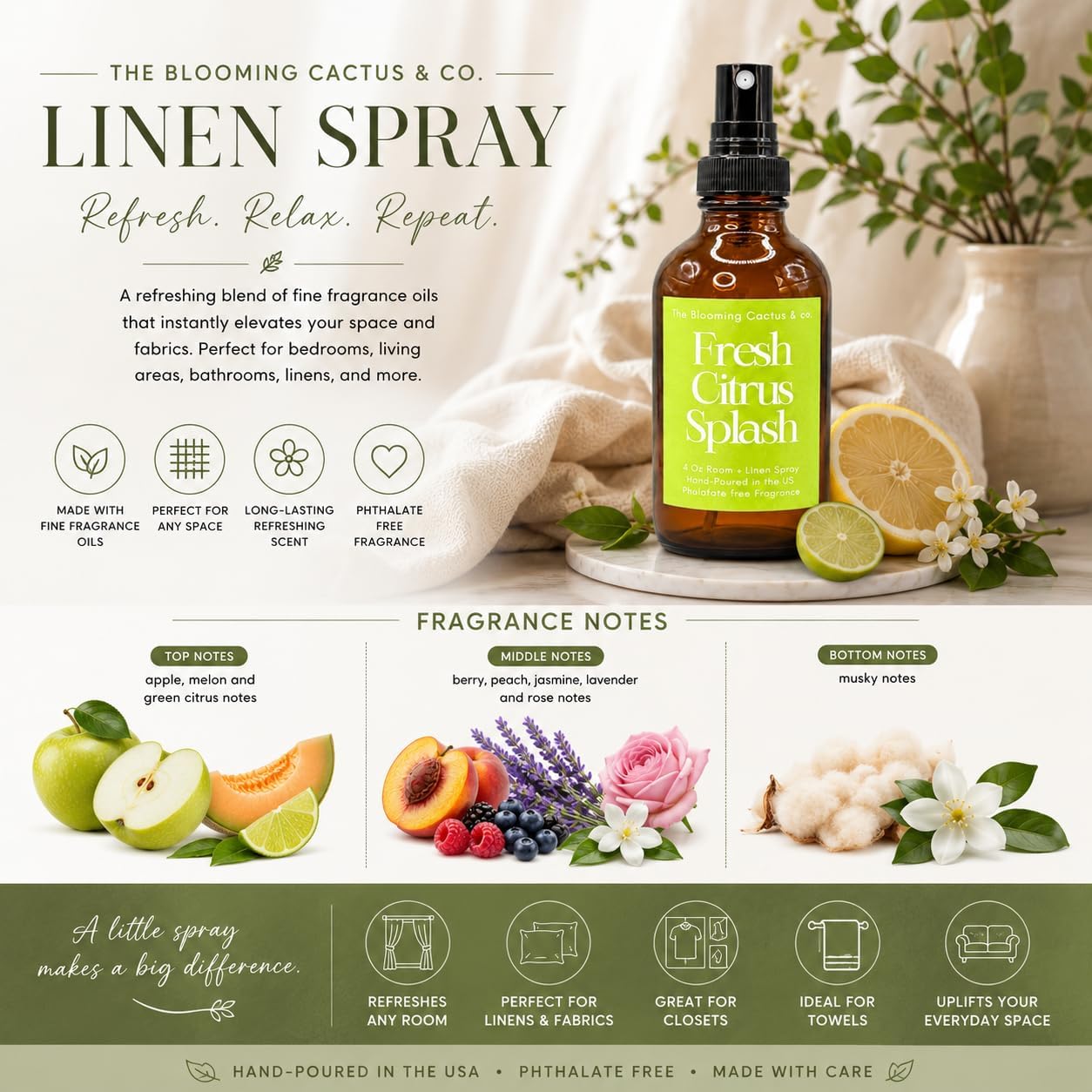 Home | Linen | Room Spray - Air Freshener - Odor Eliminator - Car Air Freshener - Fabric Refresher - Mist Hand Poured - Made in USA – (Fresh Citrus Splash)