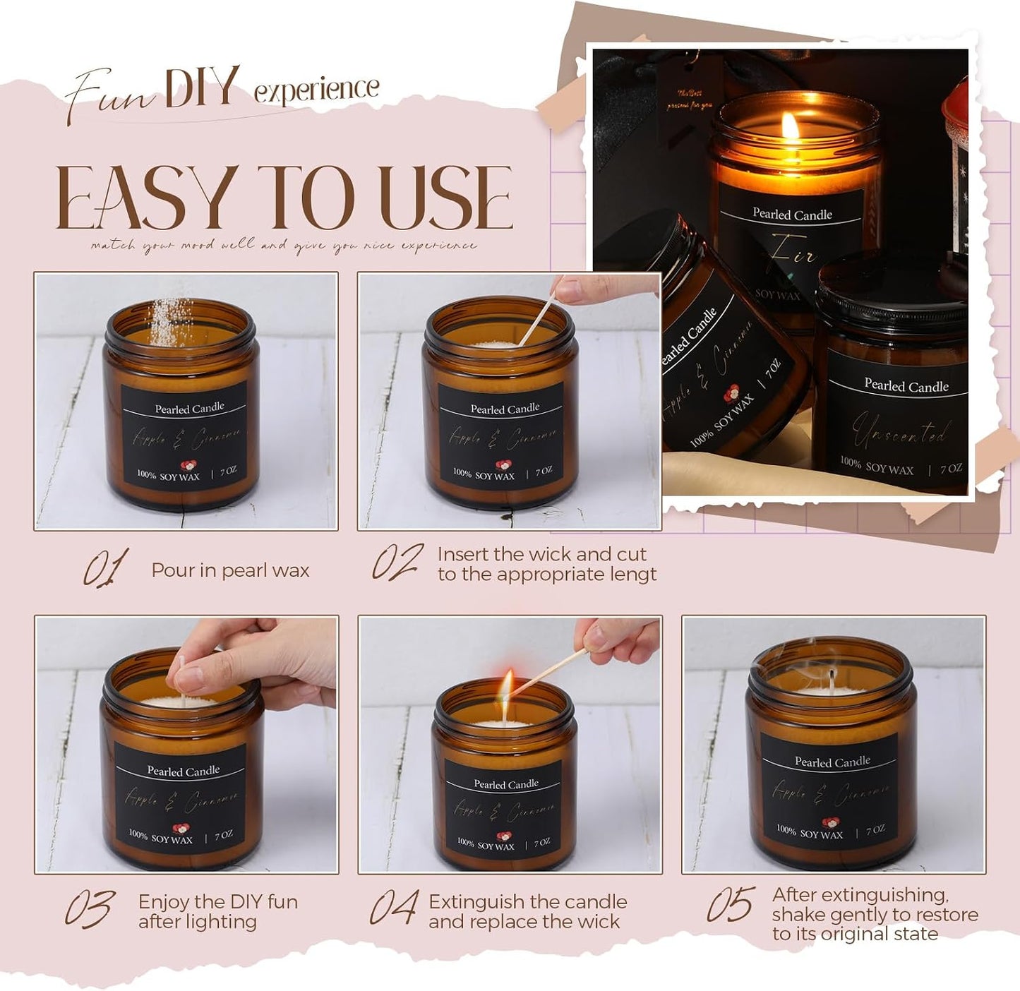 Conelist Pearled Candle Jar Gift Set 28oz Scented Pearl Sand Candle with 4 Jars 50 Wicks and Gift Box for Women Mothers Day Apple Cinnamon/Lavender/fir/Original, 4 Fragrance
