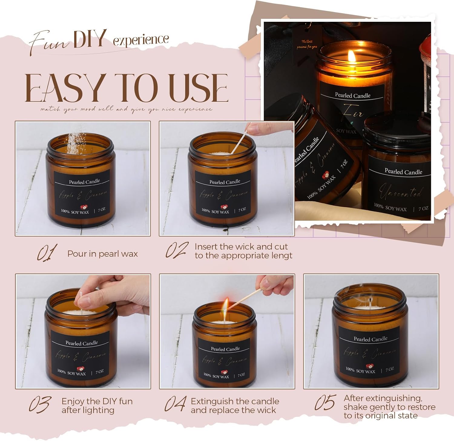 Conelist Pearled Candle Jar Gift Set 28oz Scented Pearl Sand Candle with 4 Jars 50 Wicks and Gift Box for Women Mothers Day Apple Cinnamon/Lavender/fir/Original, 4 Fragrance