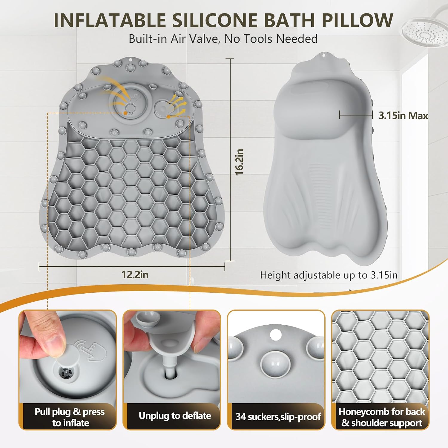 Inflatable Bath Pillows for Tub - Adjustable Firmness Silicone Bathtub Pillow for Neck-Relaxing & Epsom Salt Soaking, Bath Pillow for Head & Back Support Cushion, Spa Gifts for Women, Parent (Gray)