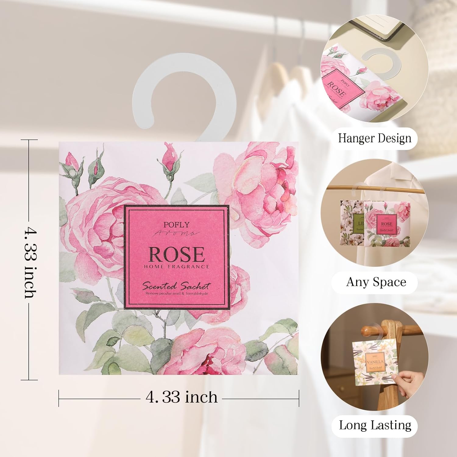 12 Pack Rose Petals Scented Sachets for Drawers and Closets, Hanging Closet Deodorizer Air Freshener, Long Lasting Fragrance