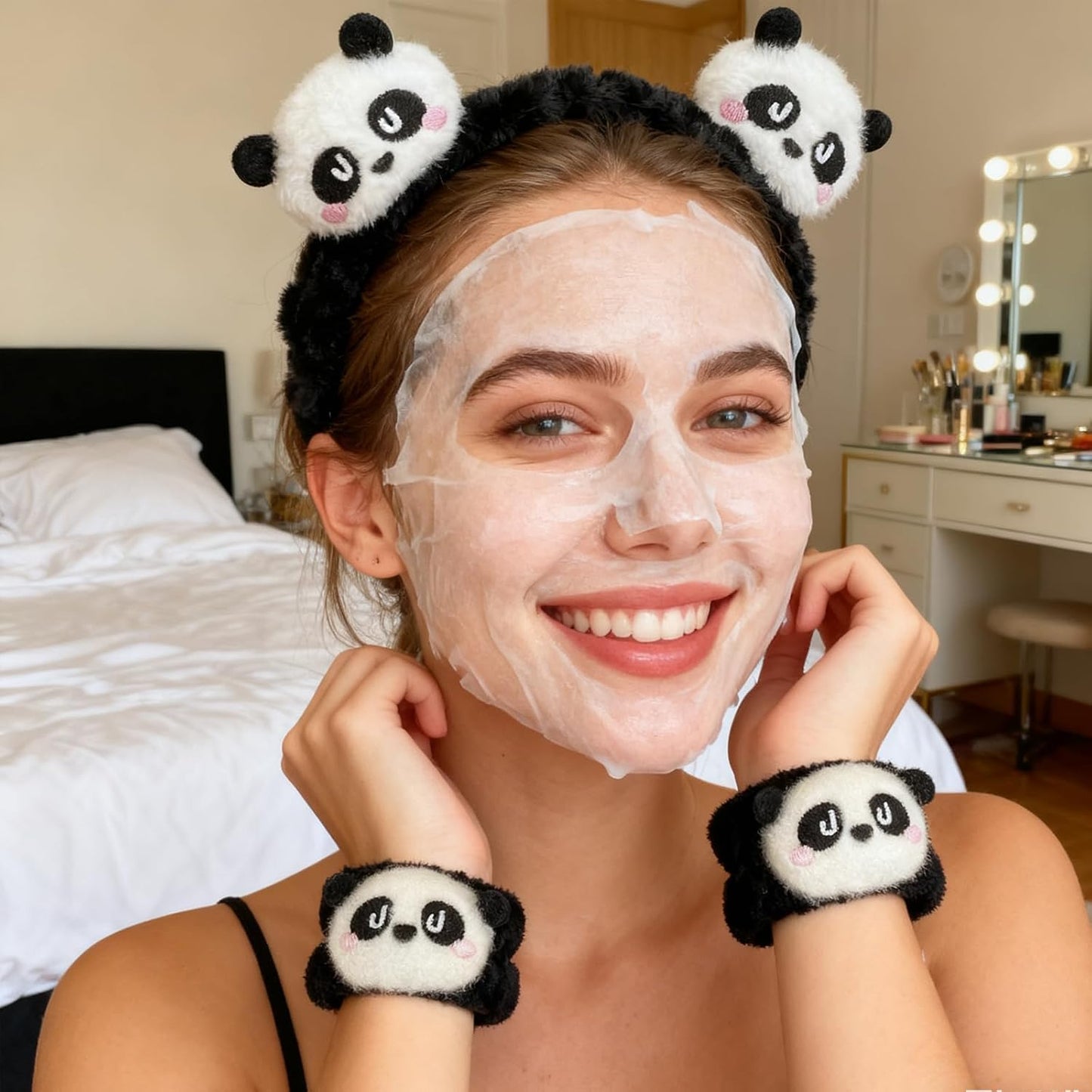 6PCS Cute Cat Ears Spa Headband for Washing Face Makeup Skincare Headband with Wrist Bands, Sleepover Party Supplies for Women/Teen Girl Trendy Stuff Present (6PCS Panda, standard size)