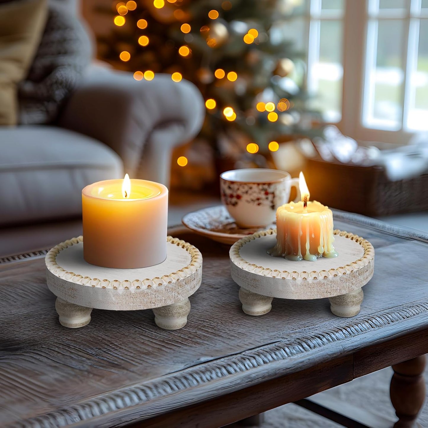 Small Wood Risers for Decor, Round Wooden Display Risers Candle Plates and Trays, Farmhouse Candle Trays Home Decor, Pedestal Stand for Mini Cake, Mug Display Decorative, Table Centerpiece, White