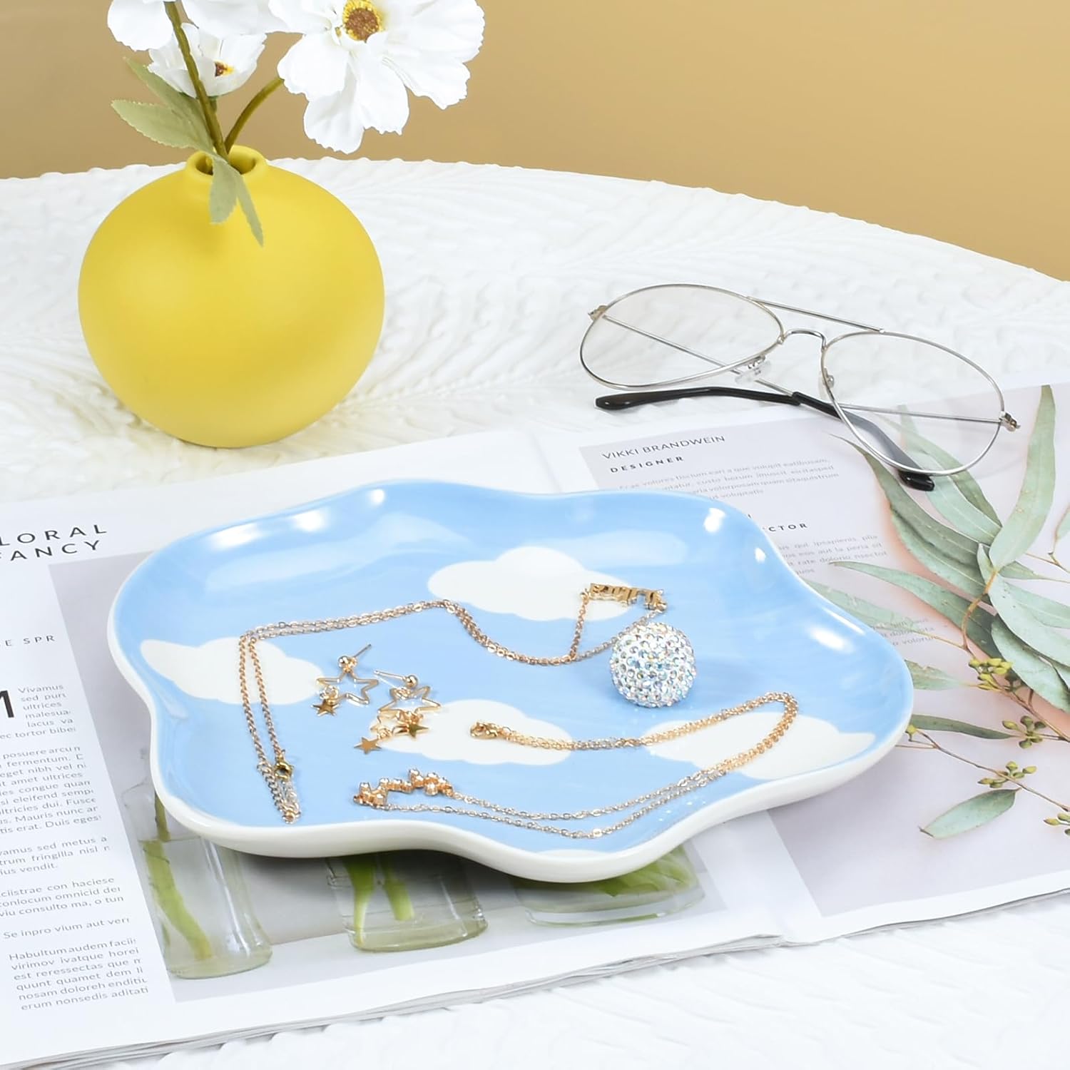 Koythin Jewelry Tray, Ceramic Jewelry Dish Trinket Tray Organizer, Clouds Aesthetic Decorative for Kitchen, Bathroom (Blue Sky and White Clouds)