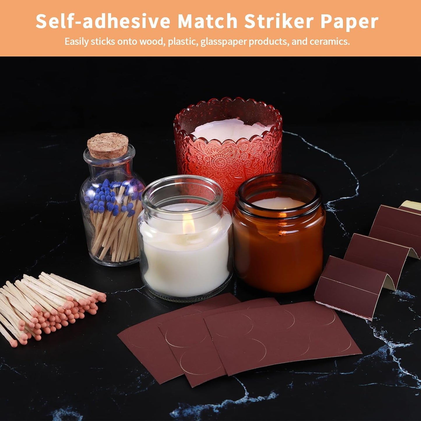 72Pcs Match Striker Paper with Adhesive 2 Sizes of Matches Holder Matches for Candles in A Jar with Striker Decorative Match Cloche (66)