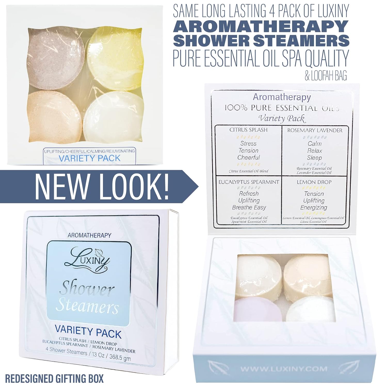 Shower Bombs Aromatherapy in Your Shower, American Made by Luxiny, Shower Steamer Tablets Melt to Release a Fragrant Vapor for Natural Stress Relief – Pack of 4 XL Steamers (Variety Pack)