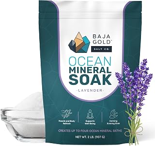 Baja Gold Ocean Mineral Soak – Natural Magnesium Bath Soak & Trace Elements | Relaxing, Clean Ingredient Soak for Bath, Muscles, Relaxation & Skin Care | Pure, Vegan, 2 Lb Resealable Bag, Lavender