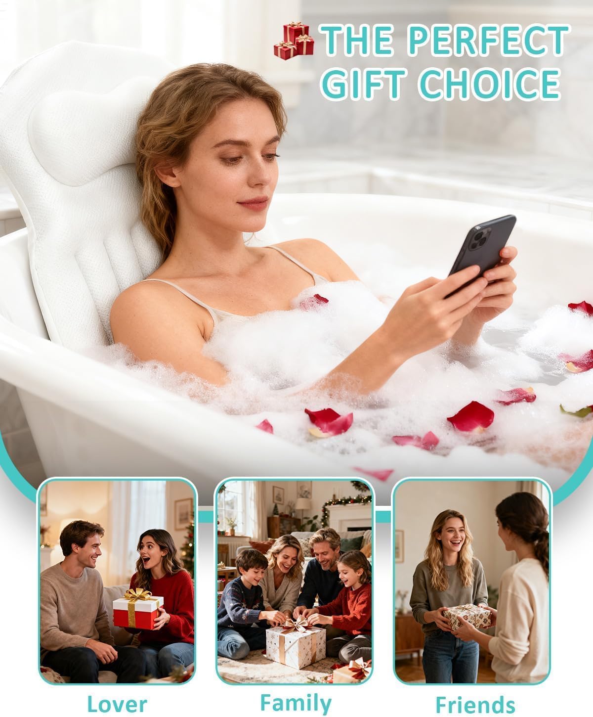 Full Body Bath Pillow for Bathtub, 5D Thick Tub Pillow for Bathtub with Movable Head, Neck & Lumbar Support, Laundry Bag & Hook, Bathtub Pillow for Post-Yoga Spa, Deep Relaxation(White, 51"*15")