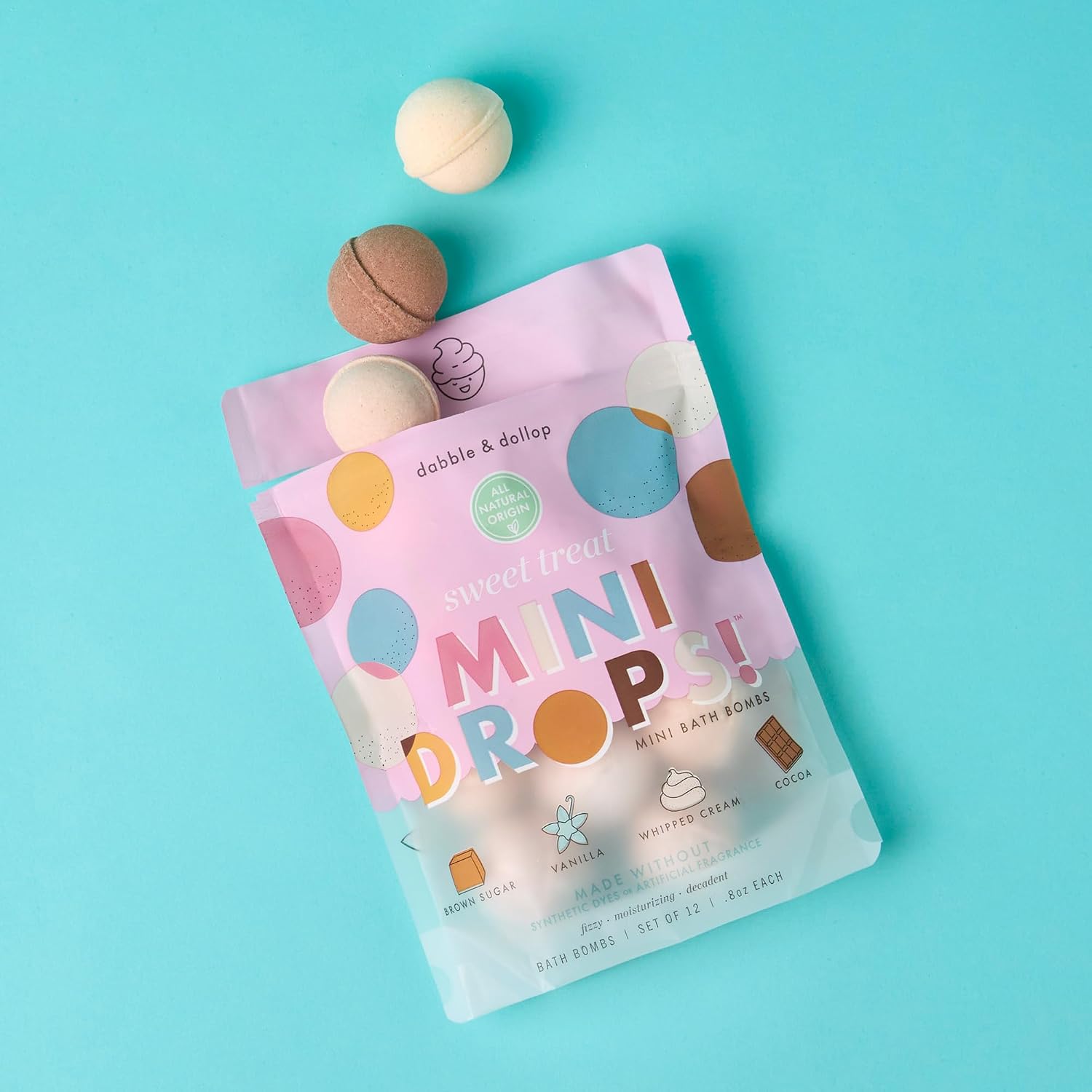 Dabble & Dollop Mini Bath Bombs, Sweet Treat Scents - Natural Origin, Mixable Scents, Clean Ingredients, No Synthetic Dyes, Toddler & Kids Bath Bombs in Resealable Pouches (Set of 24)
