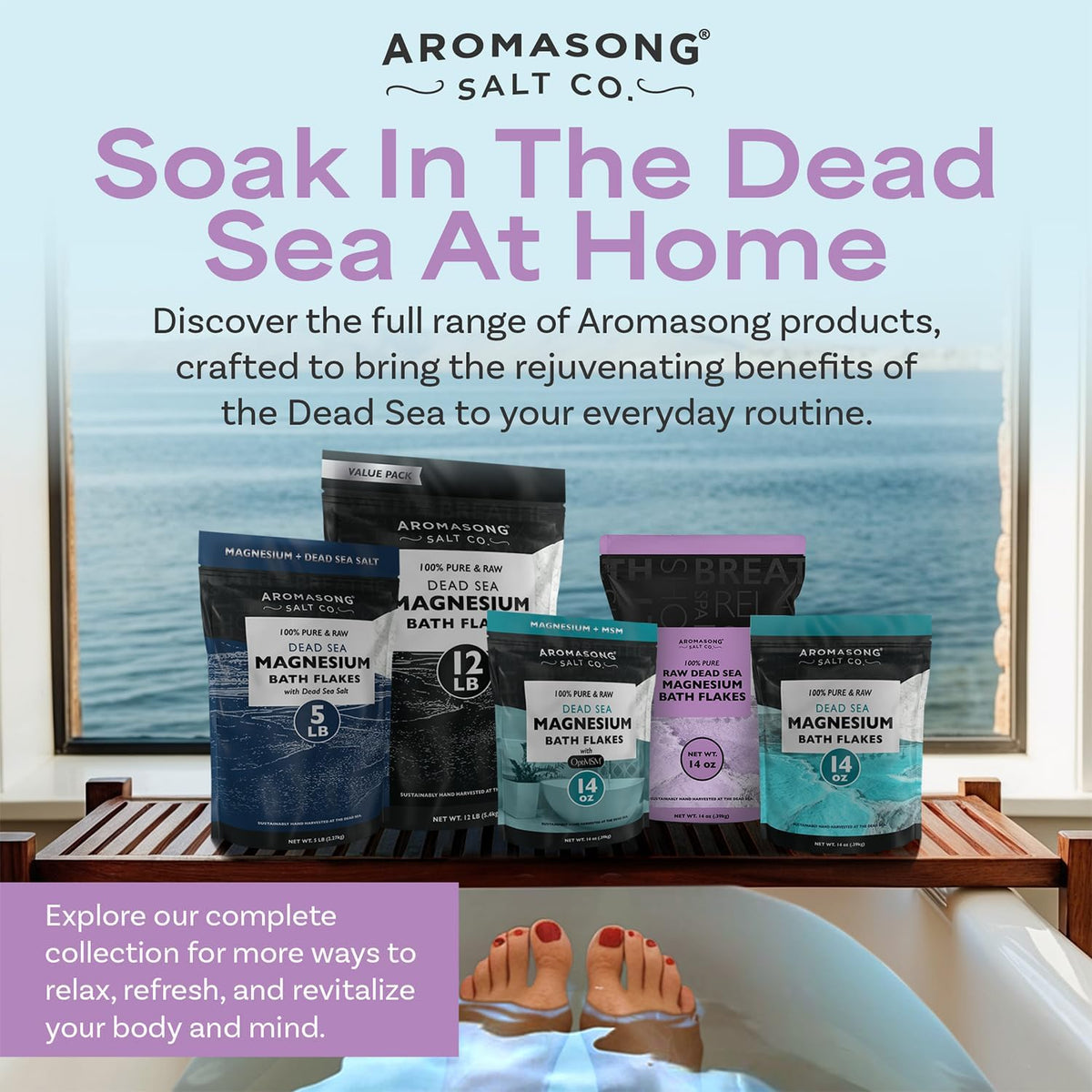 Aromasong RAW Magnesium Bath Flakes with 100% Natural Lavender, 14 Oz. Muscle Relaxing Organic Salts Mg Chloride, Mineral Soak Salt.
