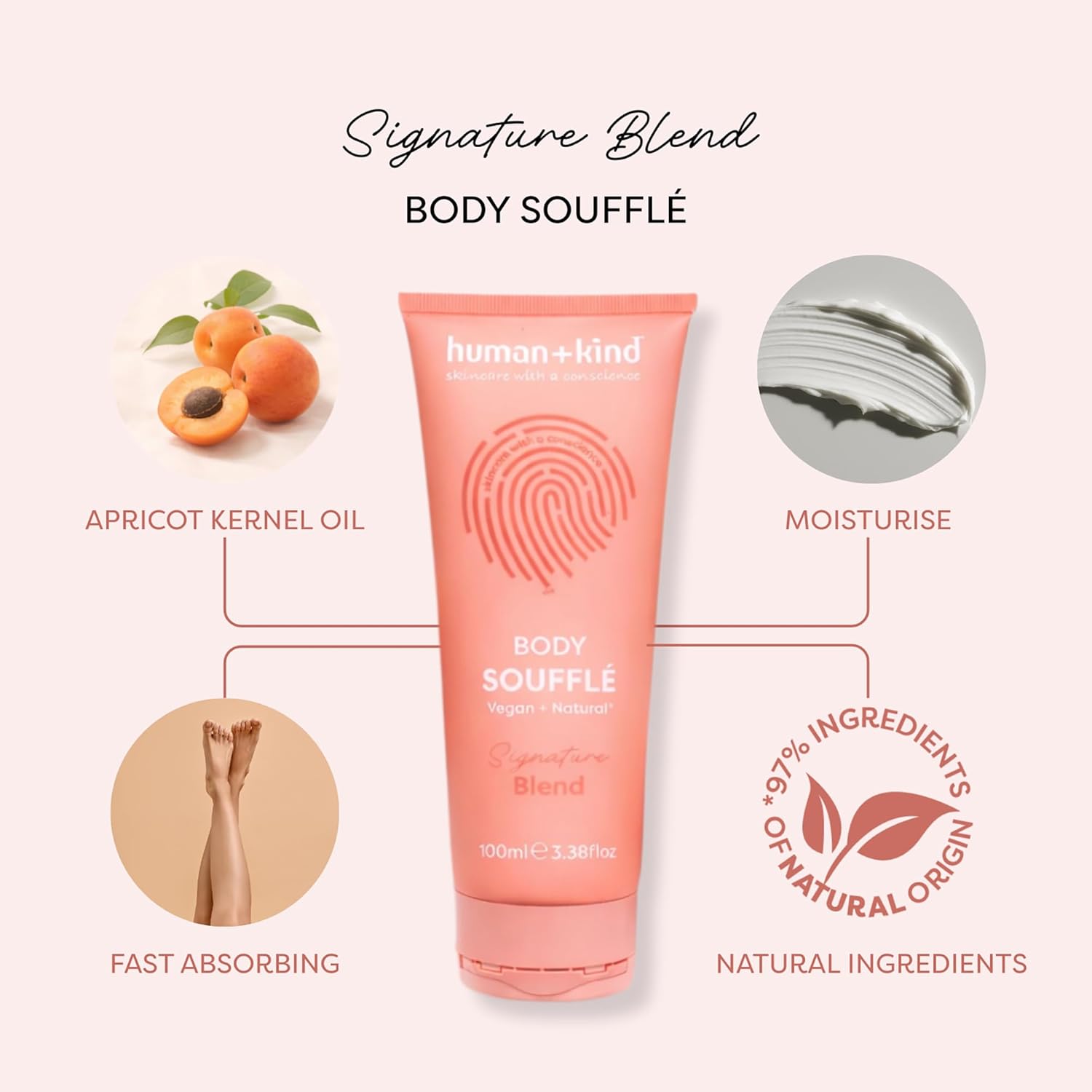 Human+Kind Signature Blend Body Souffle - Fast Absorbing Body Lotion - Hydrates Skin with Formulated Shea Butter and Apricot Kernel Oil - 3.38 oz