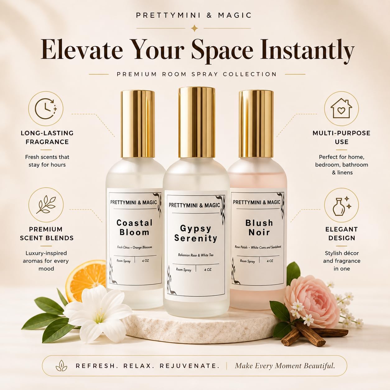Room Spray 4oz – White Orris and Sandalwood Scent for Home, Bedding, Pillows & Sheets – Calming Air Refresher, Cozy Home Scent Spray, Mini Room Spray for Bedrooms & Living Spaces