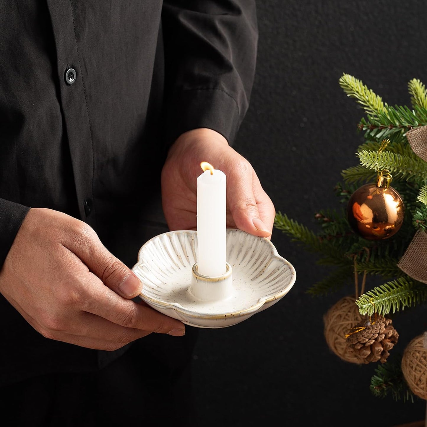 Mecaikru Ceramic Candle Holders Taper Candlestick Holder Flower Plate Tray for Candles, Incense, Santo Palo, Christmas Wedding Anniversary Party Home Decor (impure White)