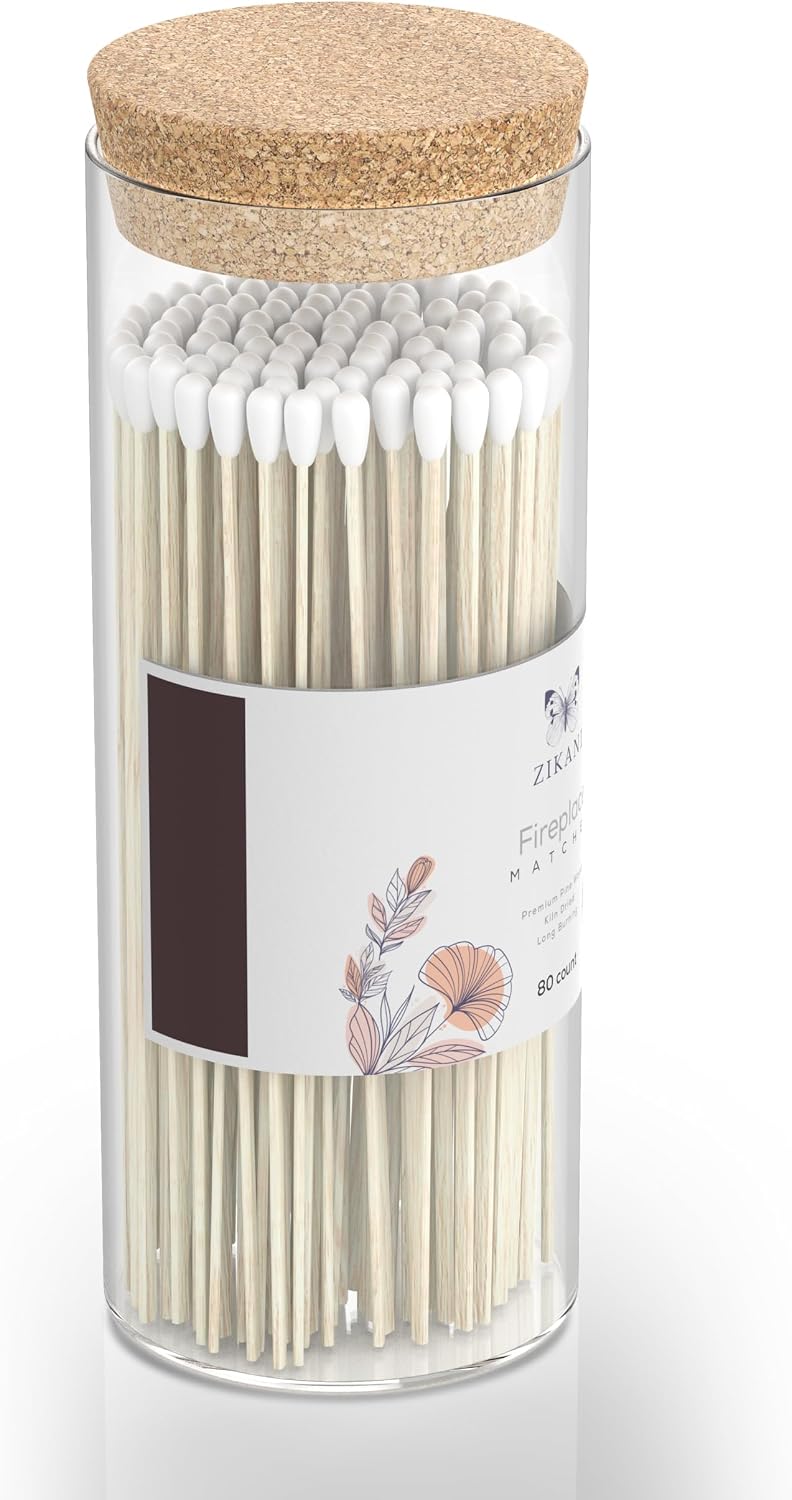 White Tip Fireplace 8-inch Long Shabbat Matches Pack of 80 Decorative Safety Matches with Cork Top Glass Holder Including Striker Ideal for Lighting