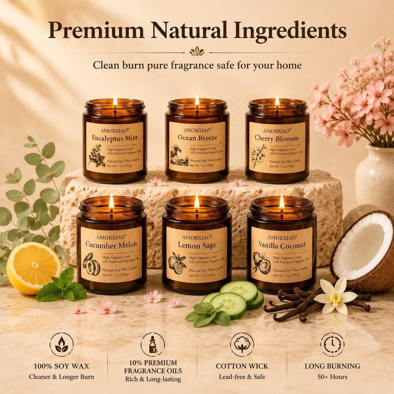 6 Pack Scented Candles for Home Scented: Soy Candles for Women Men, 42oz 300H Burning Aromatherapy Candle Set, Jar Candle Gift Set for Birthday, Scents of Eucalyptus/Sage/Cherry/Ocean/Melon/Vanilla