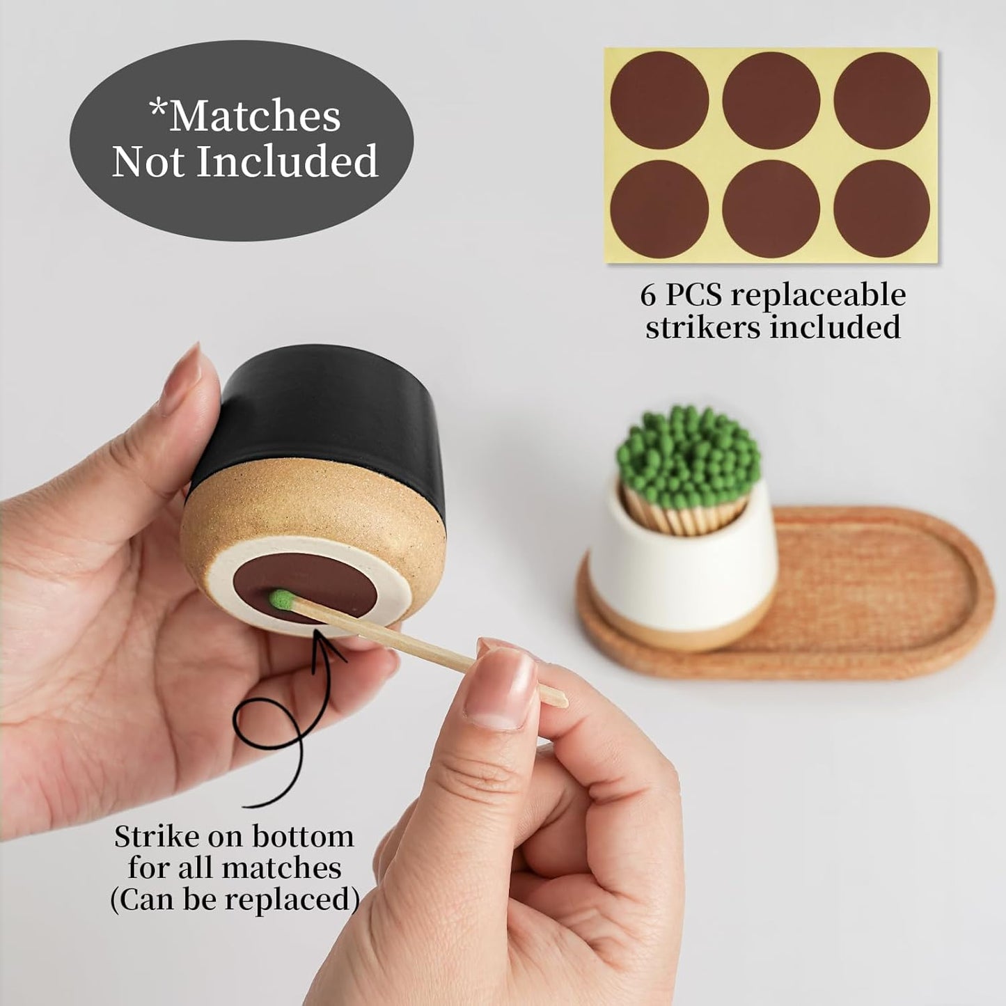 FreeJac Set of 2 Ceramic Match Holder with Striker - Match Container With Wooden Tray Matchstick Holder for Kitchen Bathroom Candle Parlor Modern Home Decor - MATCHES NOT INCLUDED