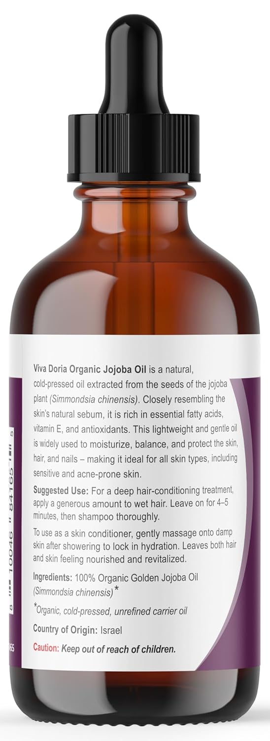 Viva Doria Jojoba Oil, USDA Certified Organic, 4 fl oz, Natural Jojoba Oil for Hair, Skin & Face, Cold Pressed Unrefined
