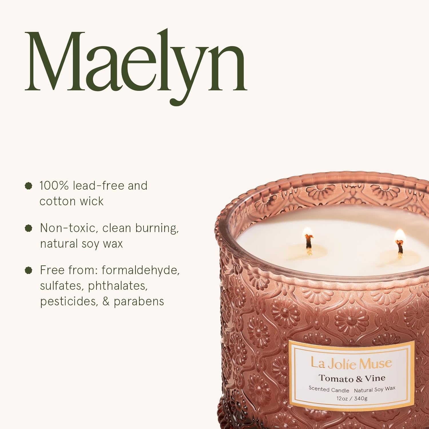 LA JOLIE MUSE Tomato & Vine Candle - Tomato Leaf, Rose, Moss | 12 oz Large 2-Wick Soy Wax Candle | 60 Hours Clean Burn | Fresh Garden Scented Candle | Gift-Ready for Hosts & Gatherings