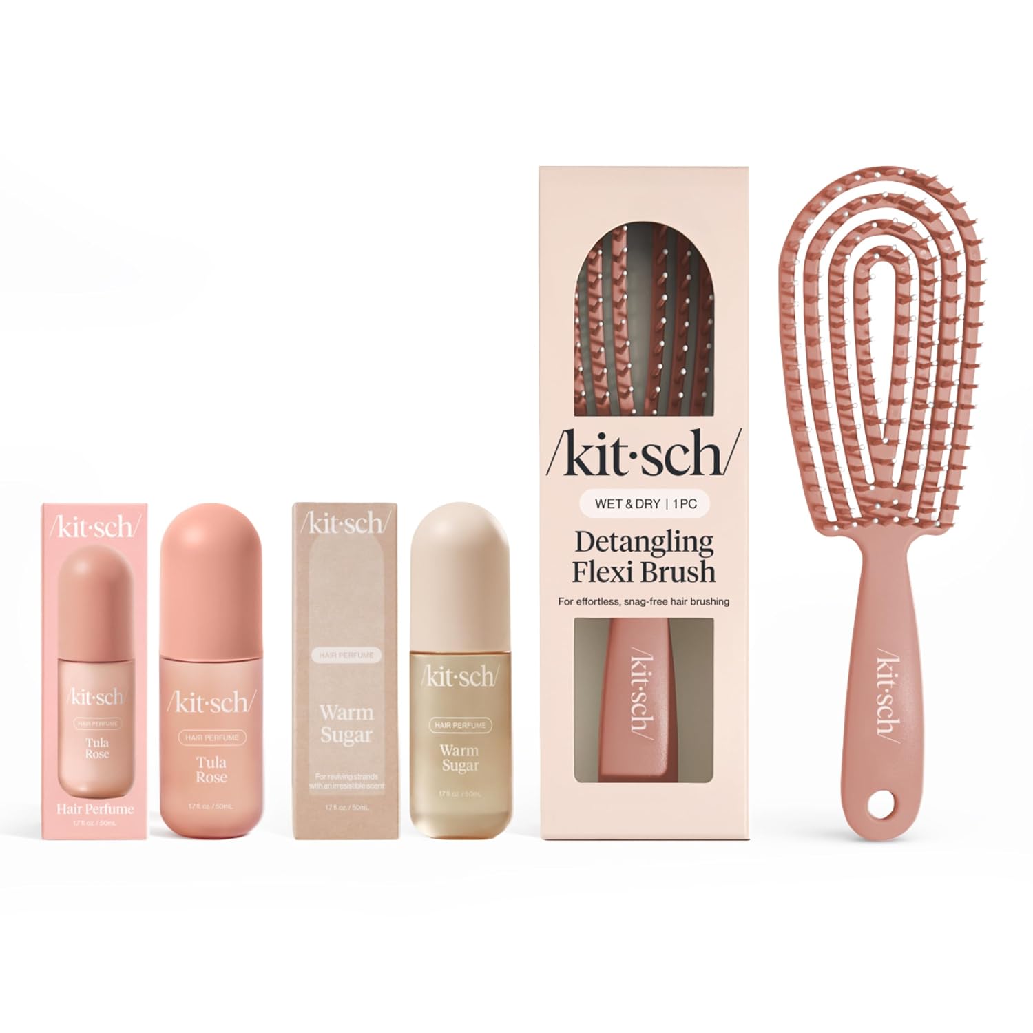 Kitsch Hair Perfume for Women Bundle – Tula Rose & Warm Sugar Hair Mist + Detangler Brush | Odor-Eliminating Hair Perfume, Vanilla Body Spray & Body Mist Set with Hair Brush for Women