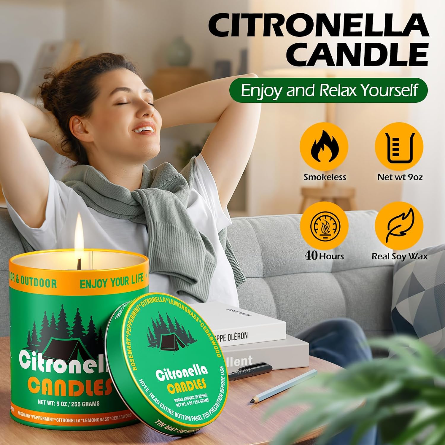 4 Pack Citronella Candles, 9oz Natural Soy Wax Scented Candles for Outdoor, Patio, Camping, and Garden, Long Lasting Portable Candles in Tin Container, Summer Party Ambiance