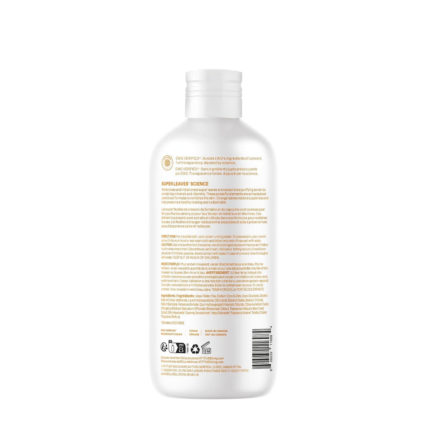 Attitude Bubble Bath, EWG Verified, Plant and Mineral-Based, Dermatologically Tested, Vegan Body Care Products, Orange Blossom & Eucalyptus, 16 Fl Oz