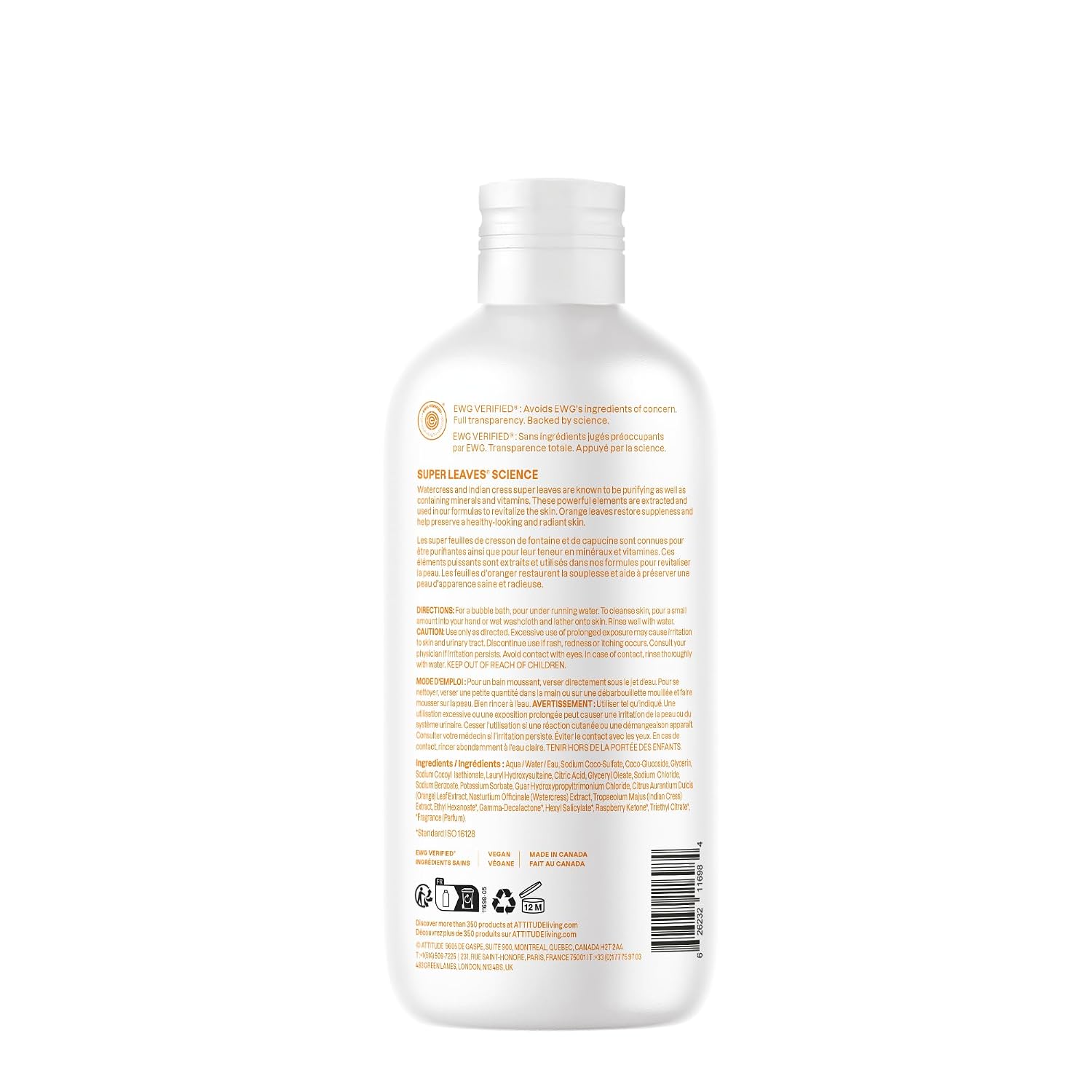Attitude Bubble Bath, EWG Verified, Plant and Mineral-Based, Dermatologically Tested, Vegan Body Care Products, Orange Blossom & Eucalyptus, 16 Fl Oz