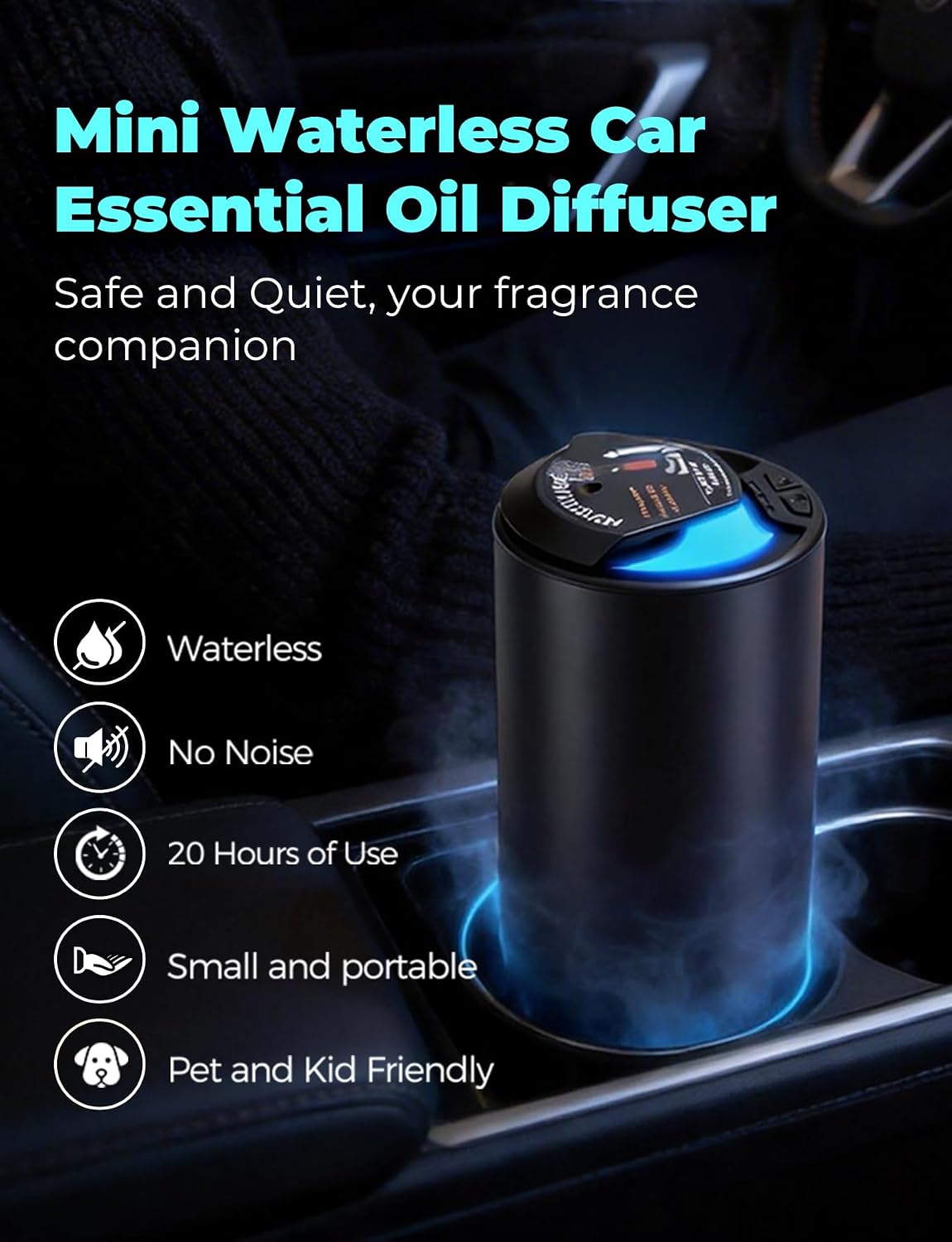Waterless Car Essential Oil Diffuser, Smart Auto On/Off, Rechargeable Car Aroma Diffuser, Compact Scent Diffuser with 20H Battery Life