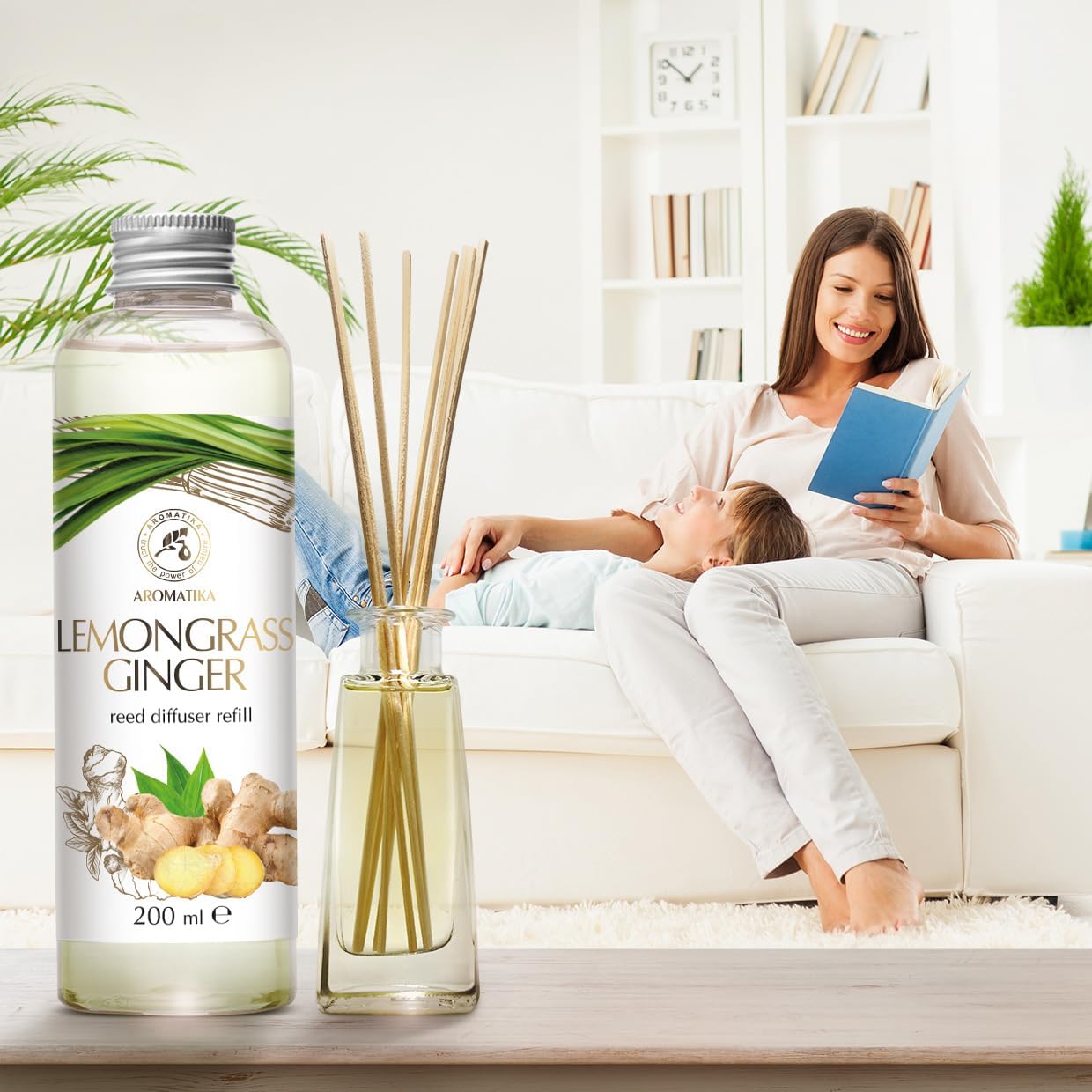 Reed Diffuser Refill Lemongrass-Ginger 6.8Fl Oz - Aroma Diffuser Refill with Essential Ginger Oil - Fragrance Diffuser - Spicy and Fresh Fragrance - Natural Fragrance - Aromatherapy - Air Freshener