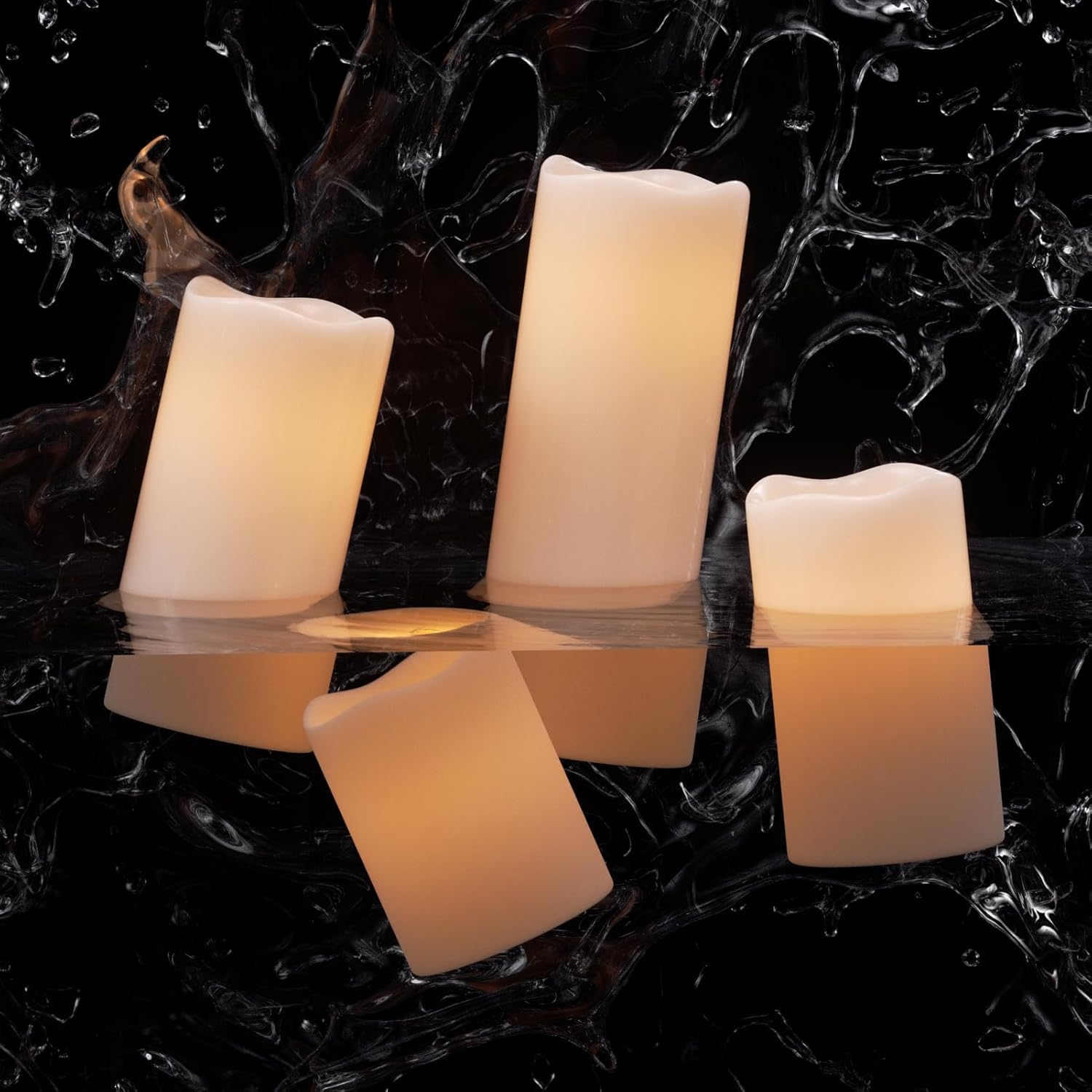 Outdoor Flameless Flickering Candles with 6 Hour Timer, 3 AAA Batteries Operated Waterproof LED White Plastic Pillar Candles Set of 4 Home Garden Decoration(3" x 4",5",6",8")