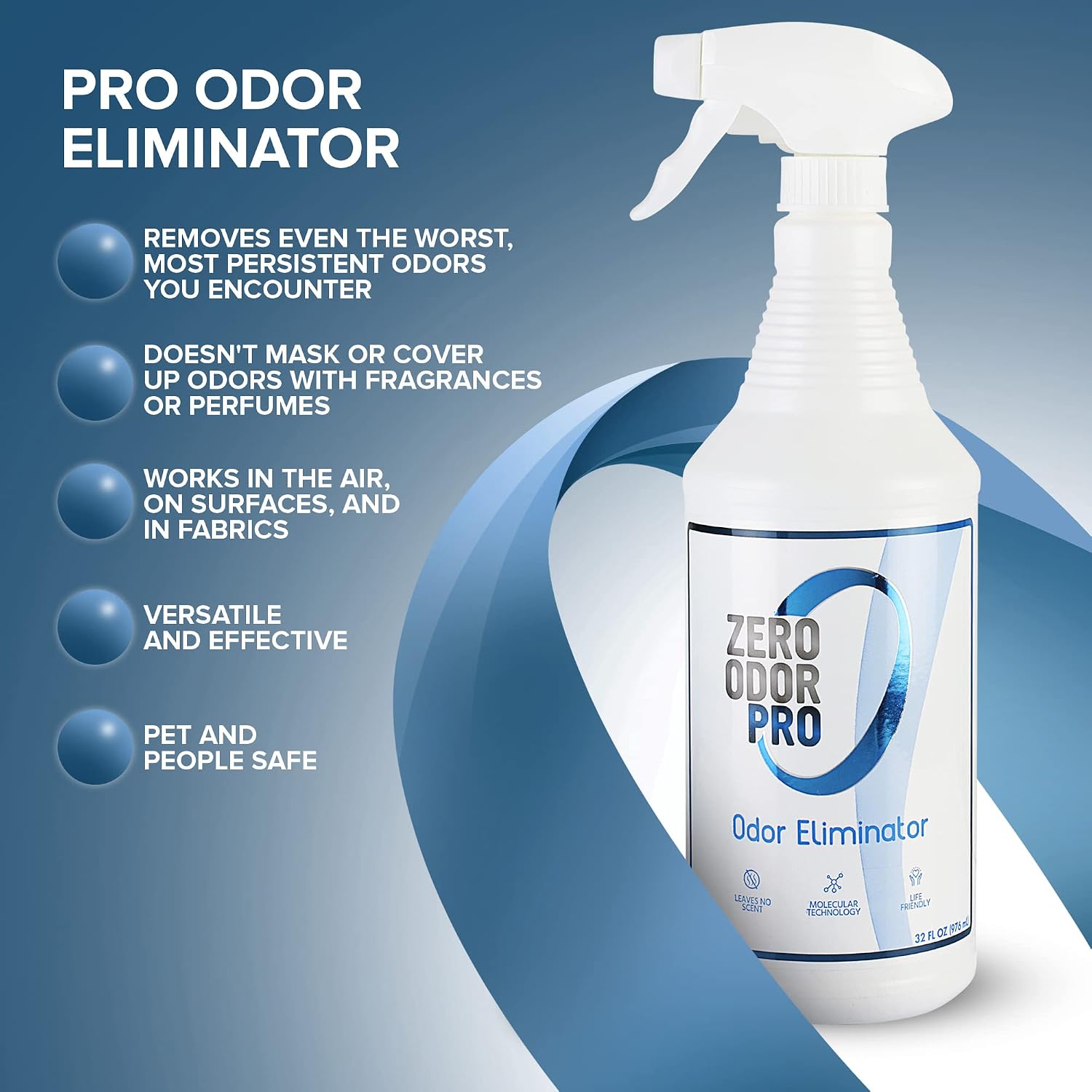 Zero Odor Pro Commercial Strength Odor Eliminator, Room Deodorizer and Air Freshener, Trigger Spray, 32 oz, White/Blue