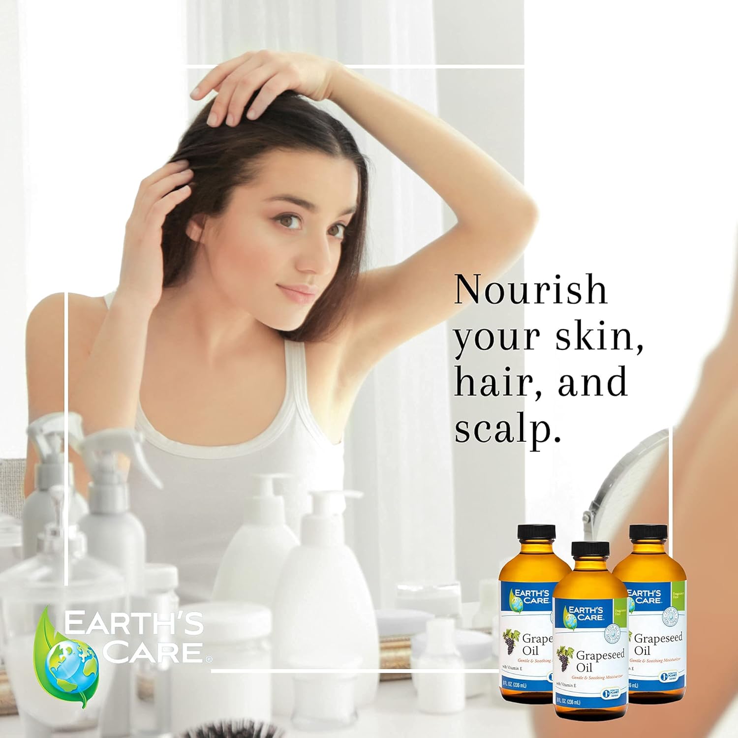 Earth's Care Grapeseed Oil - Natural, Expeller Pressed, for Skin and Hair - Lightweight Body Oil for Dry Skin, Glass Bottle, 8 FL. OZ.