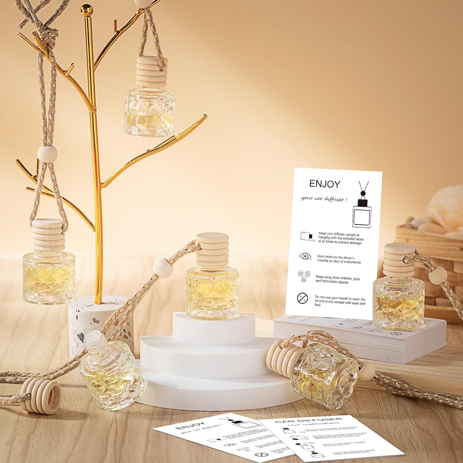 Boao 50 Sets Hanging Car Air Freshener Diffuser Bottles with 2 x 3.54 Inch Car Diffuser Instructions Cards for Empty Essential Oil Bottles (White Card,Round Diamond)