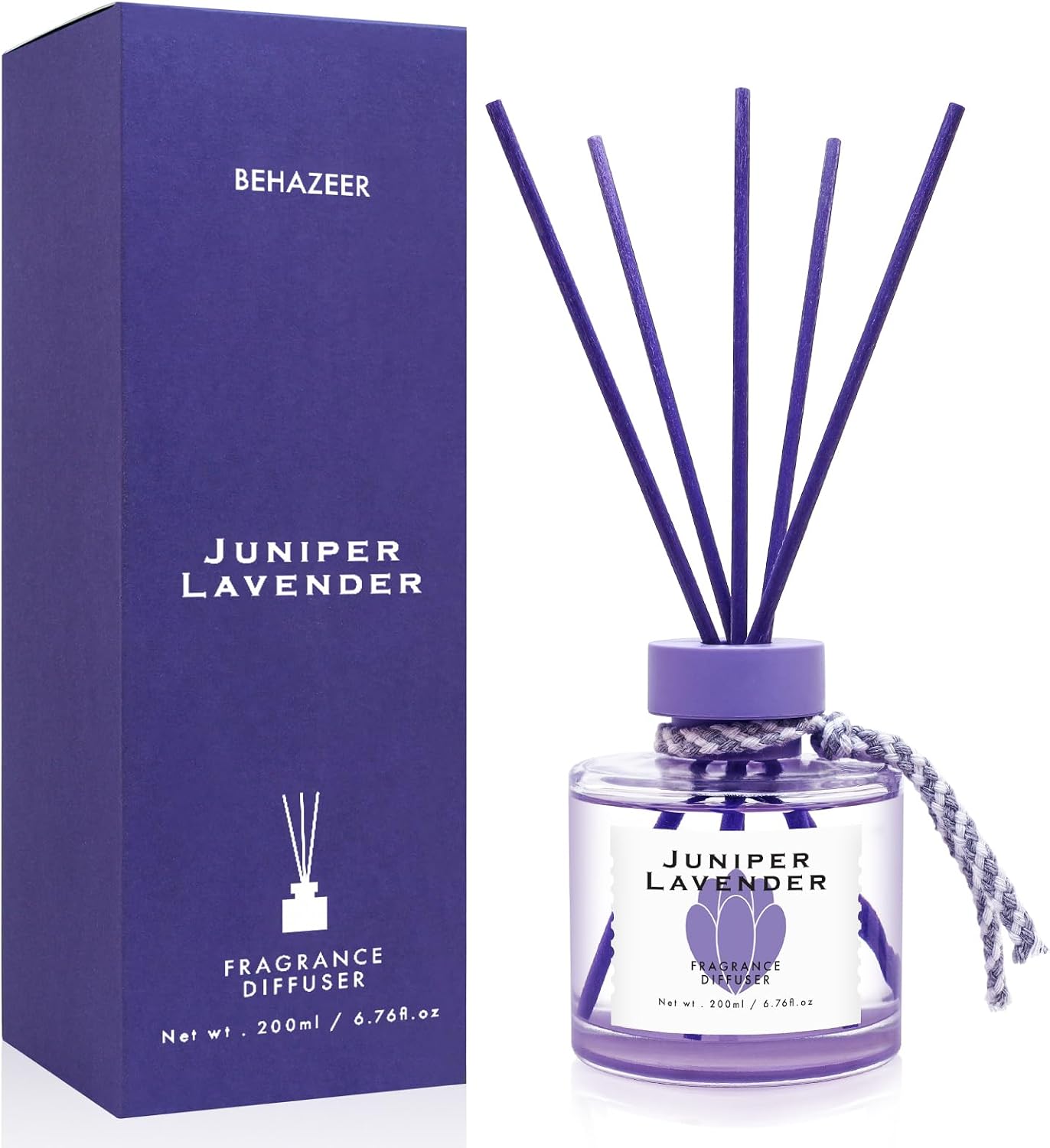 Juniper Lavender Reed Diffuser, 6.77OZ/200ML Large Capacity Natural Non-Toxic Oil, Long-Lasting Fragrance Reed Diffusers Set for Home and Bathroom, Aroma with 5 Reed Diffuser Sticks