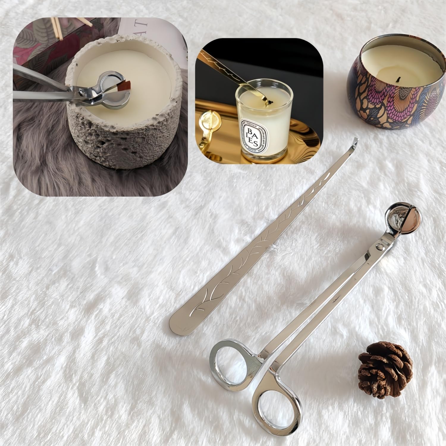Silver Candle Wick Trimmer, Nickel-Plated Copper, 7.09 Inch Length, Round Head Design with Cut Edge, Rivet Reinforced