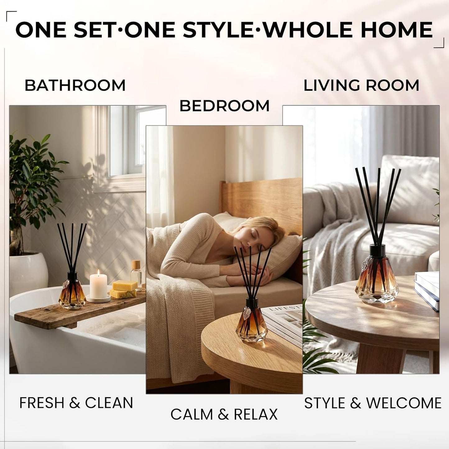Reed Diffuser Set - 4 Empty Bottles with 20 Sticks, Delicate Gold Leaf Decor, Glass Fragrance Diffuser with Lids for Home, Bathroom | Refillable, Diamond Style (4 PCS Black)