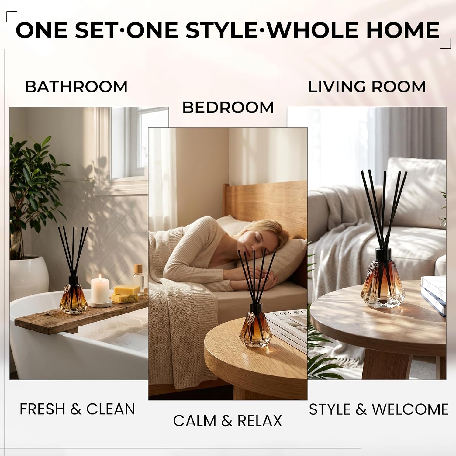 Reed Diffuser Set - 4 Empty Bottles with 20 Sticks, Delicate Gold Leaf Decor, Glass Fragrance Diffuser with Lids for Home, Bathroom | Refillable, Diamond Style (4 PCS Black)