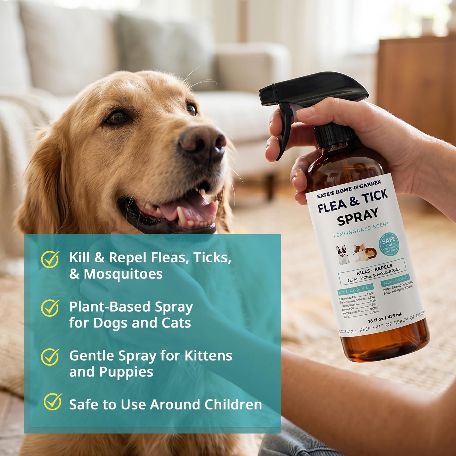 Kate's Home & Garden Flea and Tick Spray for Dogs and Cats – 16 oz Natural Lemongrass Flea Spray – Kills & Repels Fleas, Ticks, Mosquitoes – Pet Safe